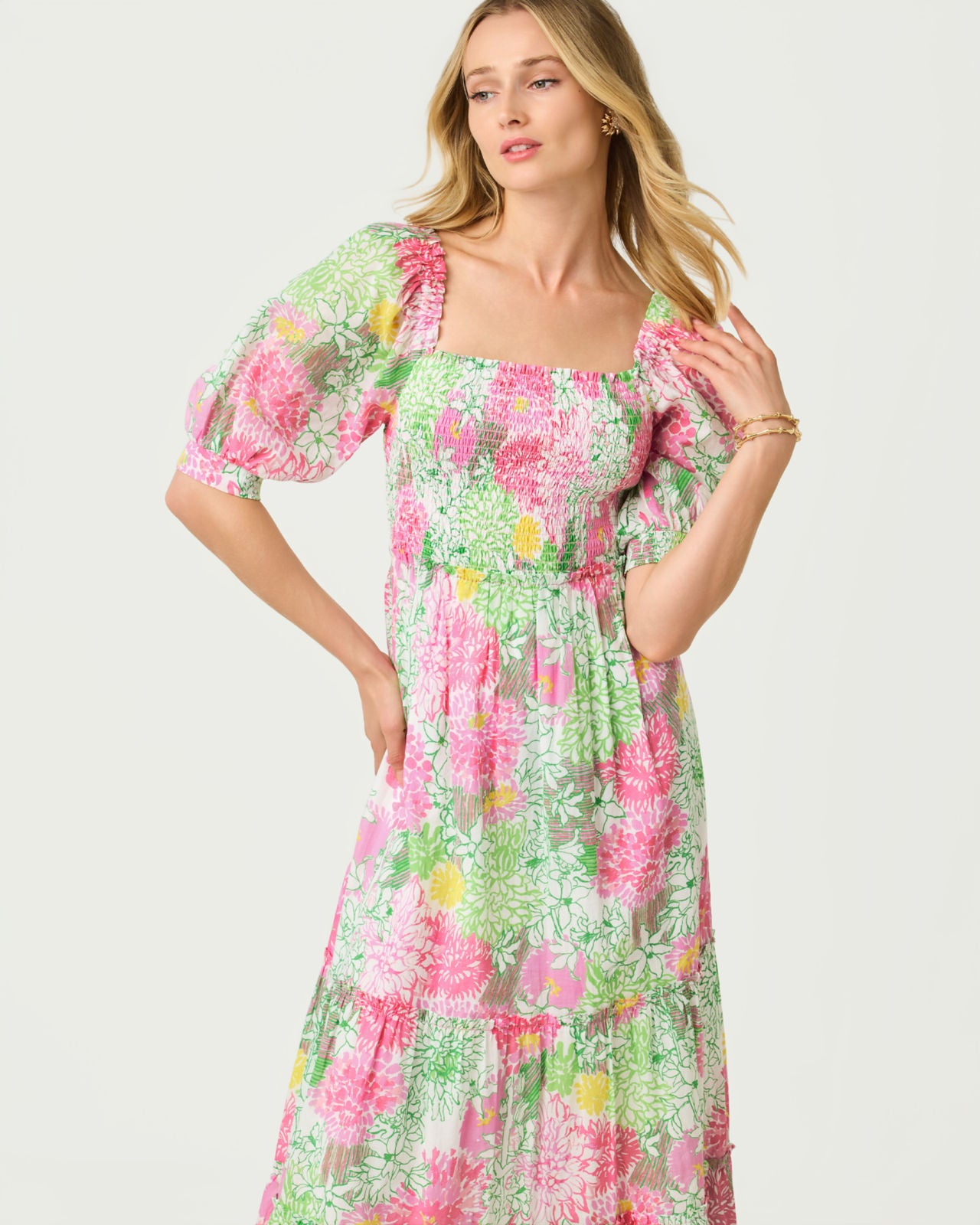 Hadly Short Sleeve Smocked Dress In Mum Patch