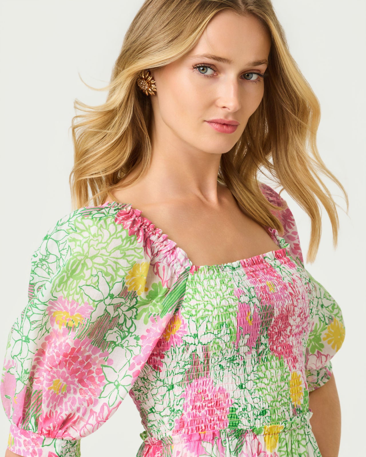 Hadly Short Sleeve Smocked Dress In Mum Patch