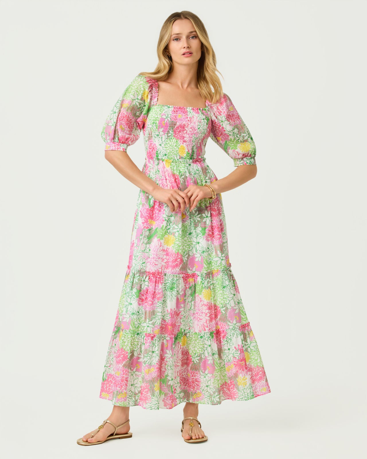 Hadly Short Sleeve Smocked Dress In Mum Patch