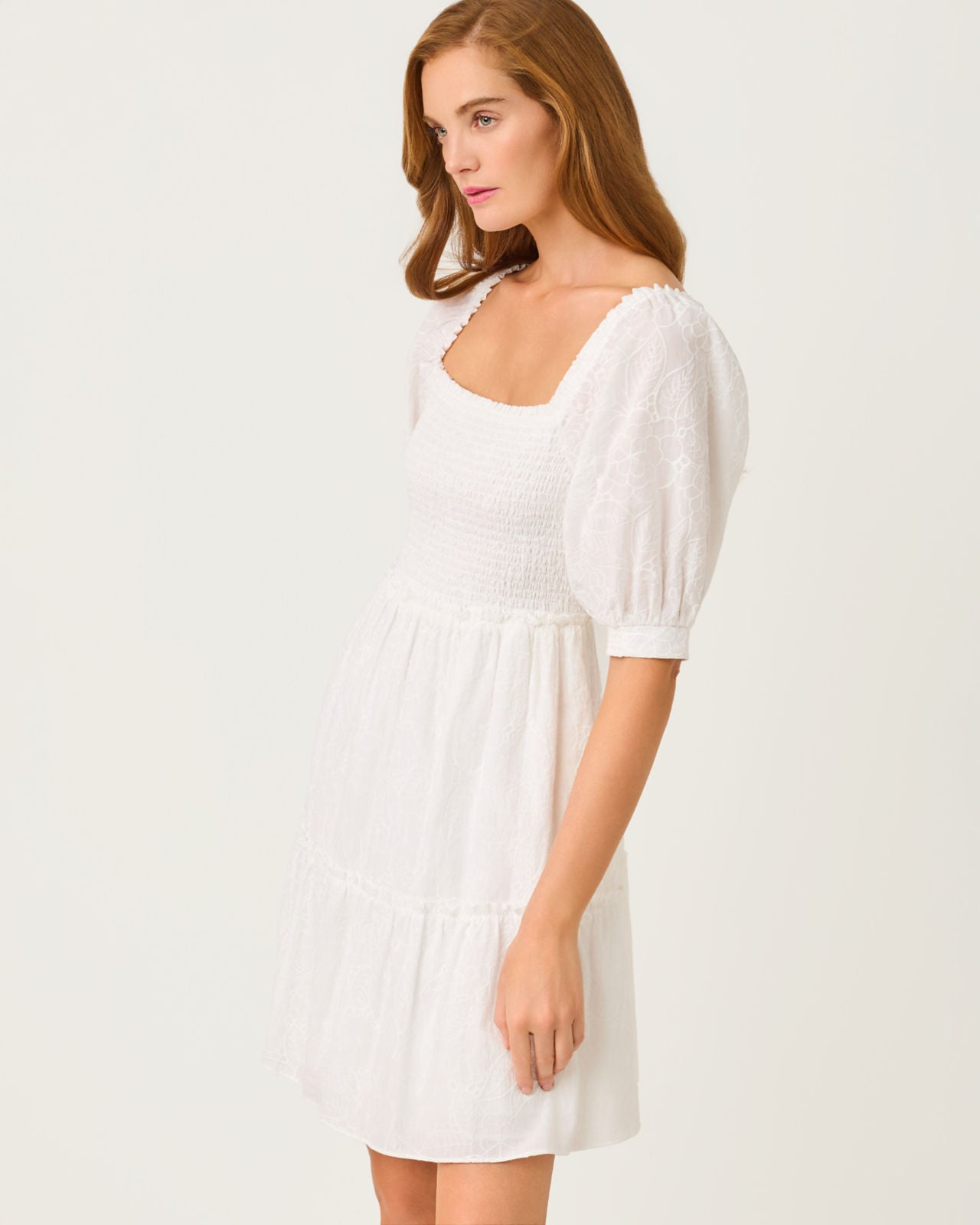 Hadly Short Sleeve Smocked Dress In Resort White Sunshowers Embroidery