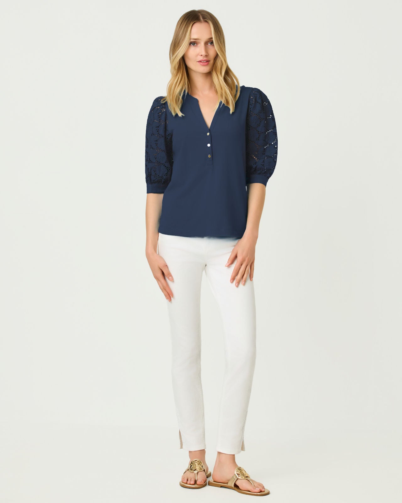 Ronson Eyelet Knit Top In Low Tide Navy