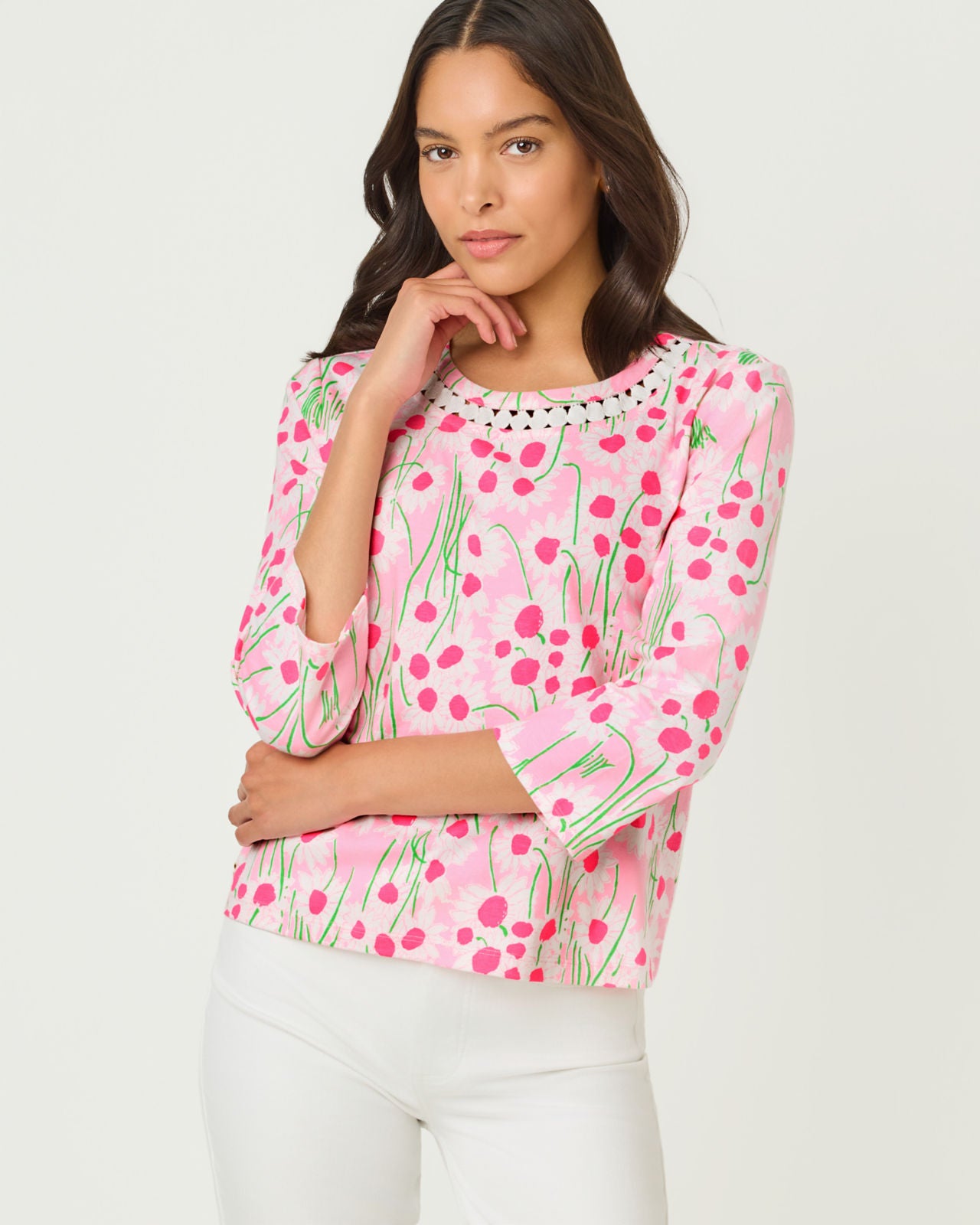 Clairmont 3/4 Sleeved Trimmed Knit Top In Conch Shell Pink Sunny Daisies