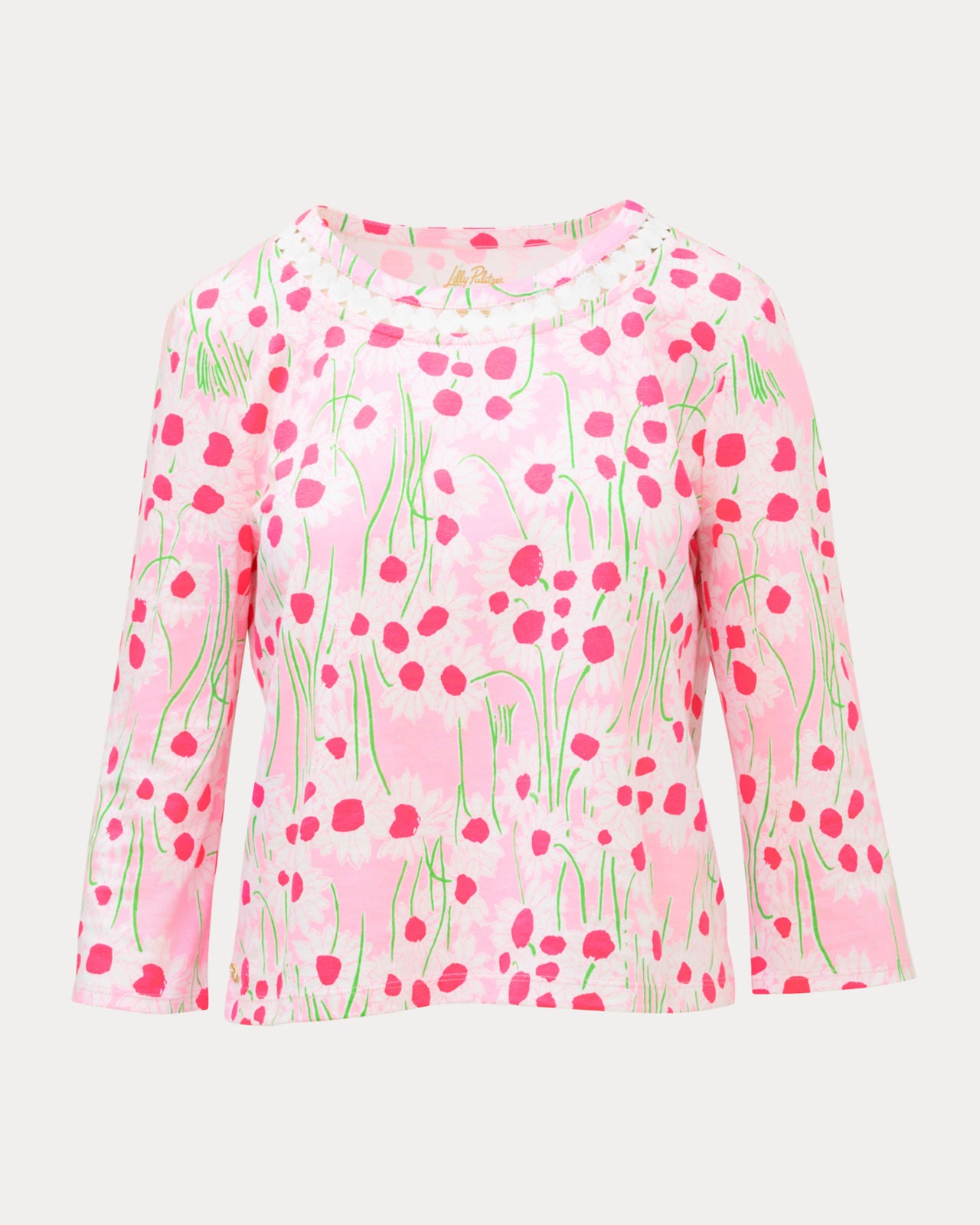 Clairmont 3/4 Sleeved Trimmed Knit Top In Conch Shell Pink Sunny Daisies