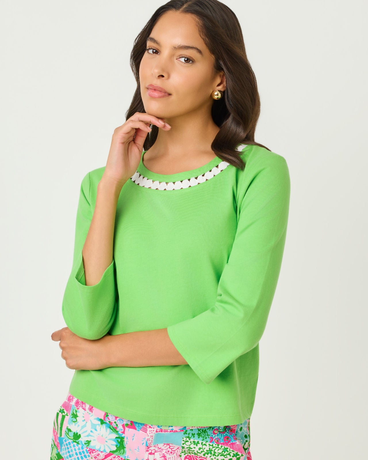 Clairmont 3/4 Sleeved Trimmed Knit Top In Jackfruit Green