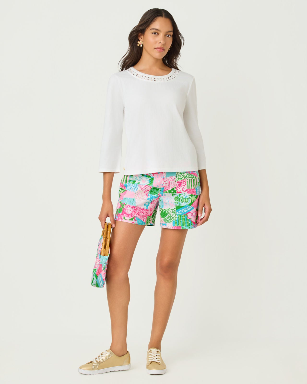 Clairmont 3/4 Sleeved Trimmed Knit Top In Resort White