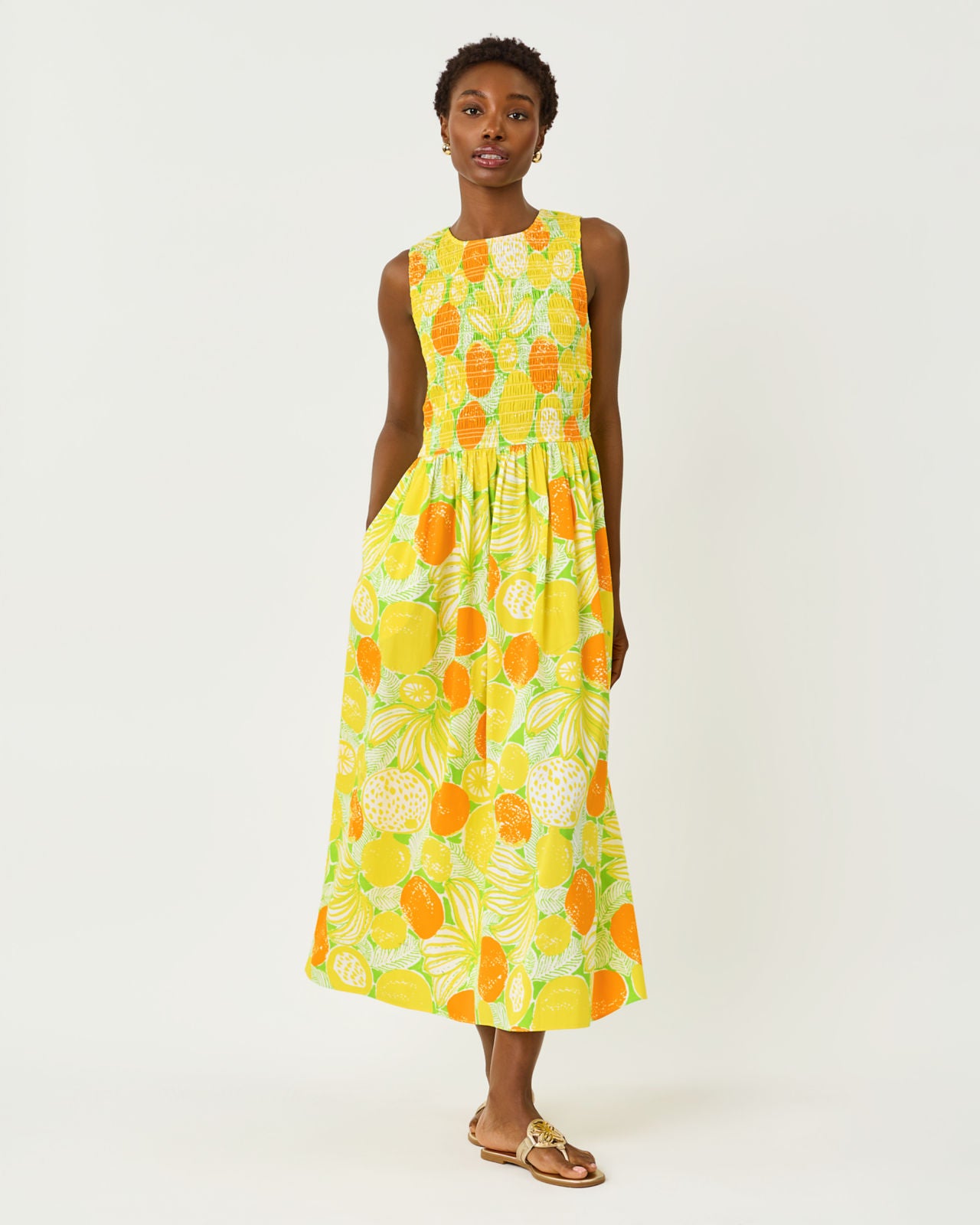 Daisey Smocked Midi Dress In Zesty