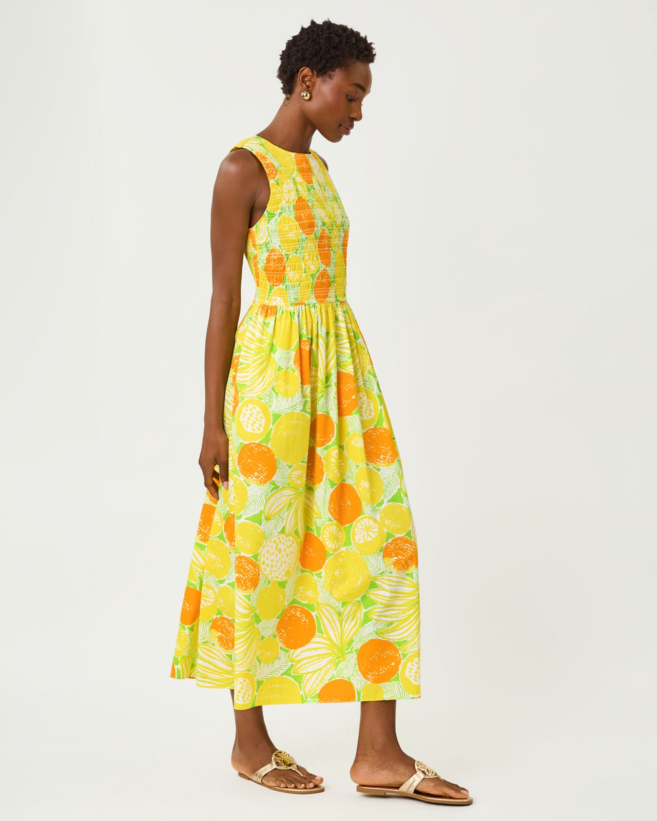 Daisey Smocked Midi Dress In Zesty