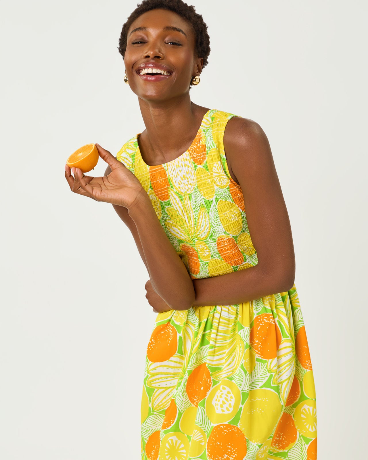 Daisey Smocked Midi Dress In Zesty