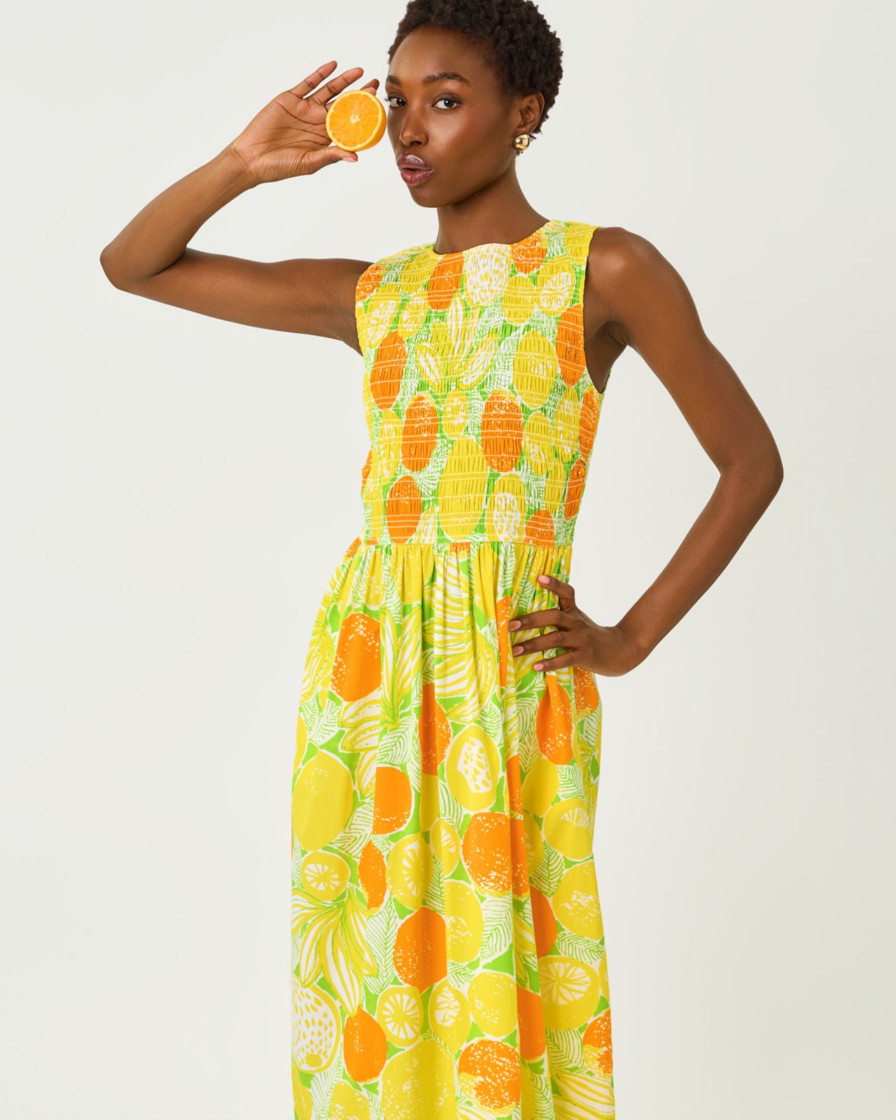 Daisey Smocked Midi Dress In Zesty