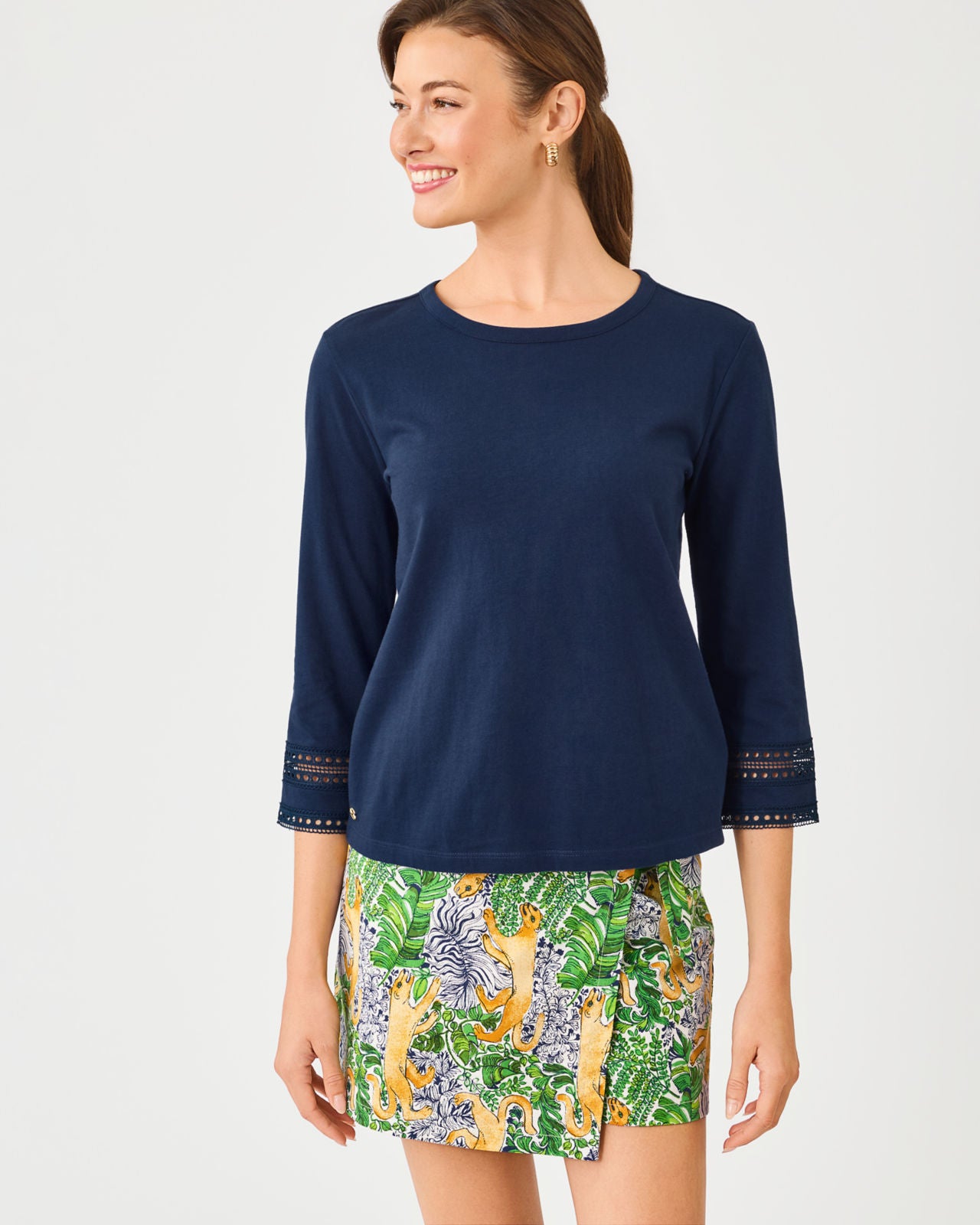 Clairmont 3/4 Sleeved Trimmed Knit Top In Low Tide Navy