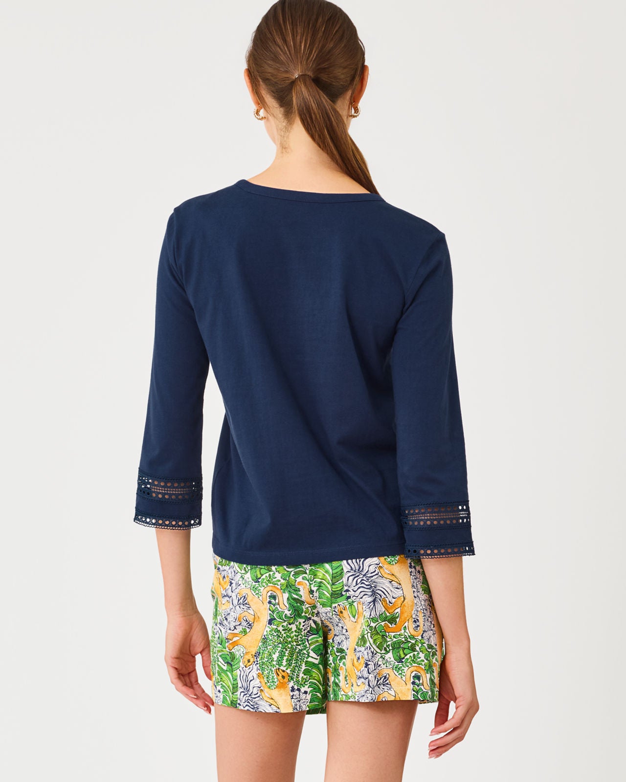 Clairmont 3/4 Sleeved Trimmed Knit Top In Low Tide Navy