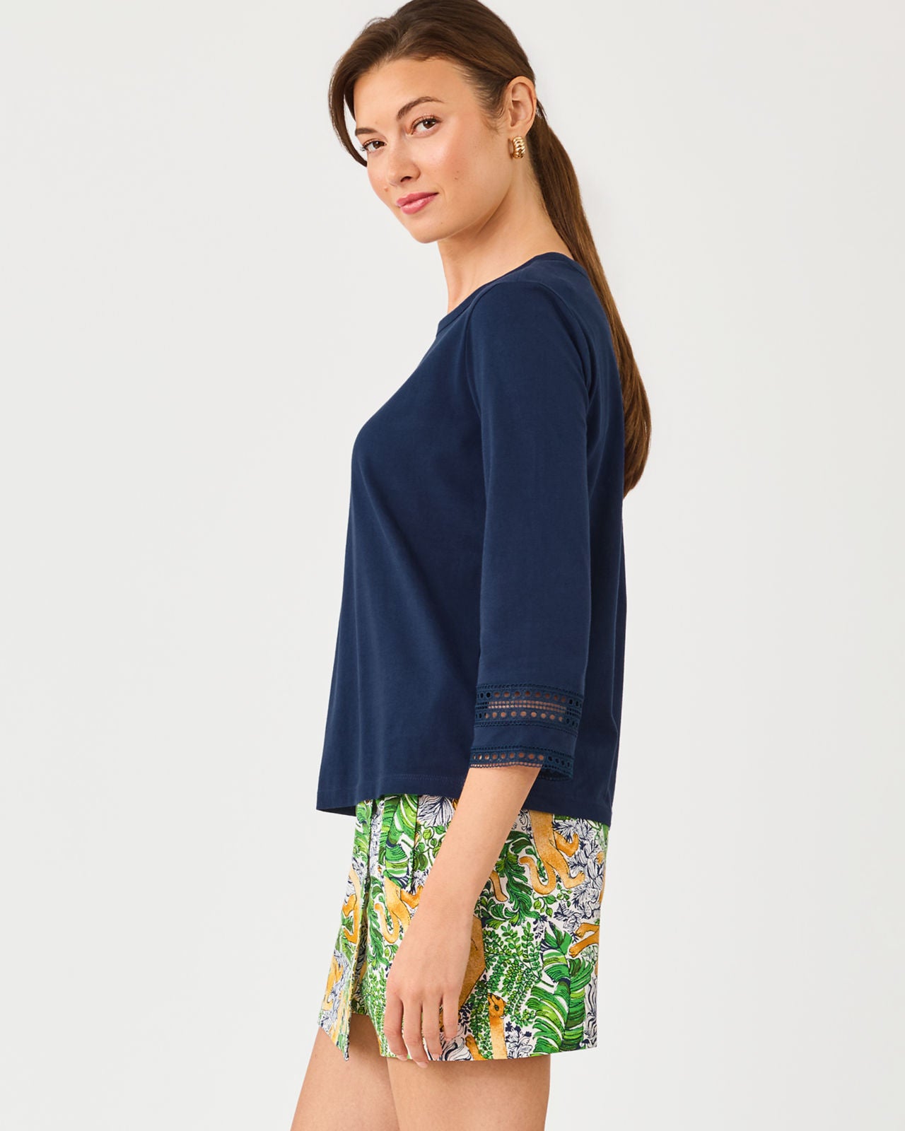 Clairmont 3/4 Sleeved Trimmed Knit Top In Low Tide Navy