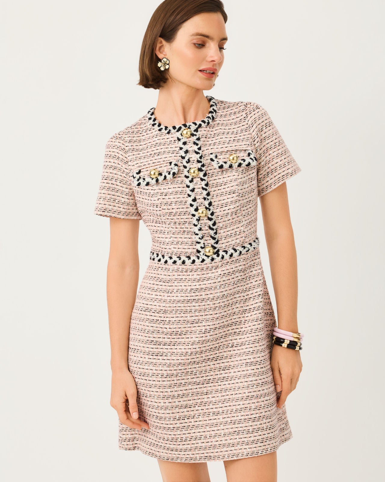 Bernette Short Sleeve Boucle Shift Dress In Ribbon Stripe Boucle