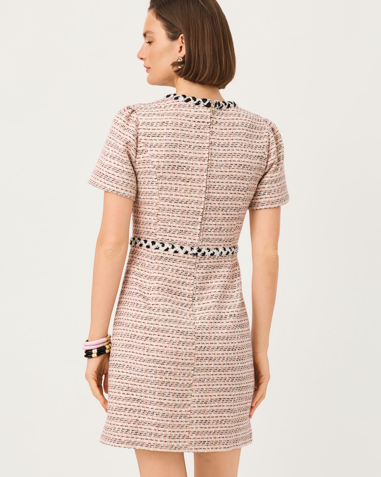 Bernette Short Sleeve Boucle Shift Dress In Ribbon Stripe Boucle