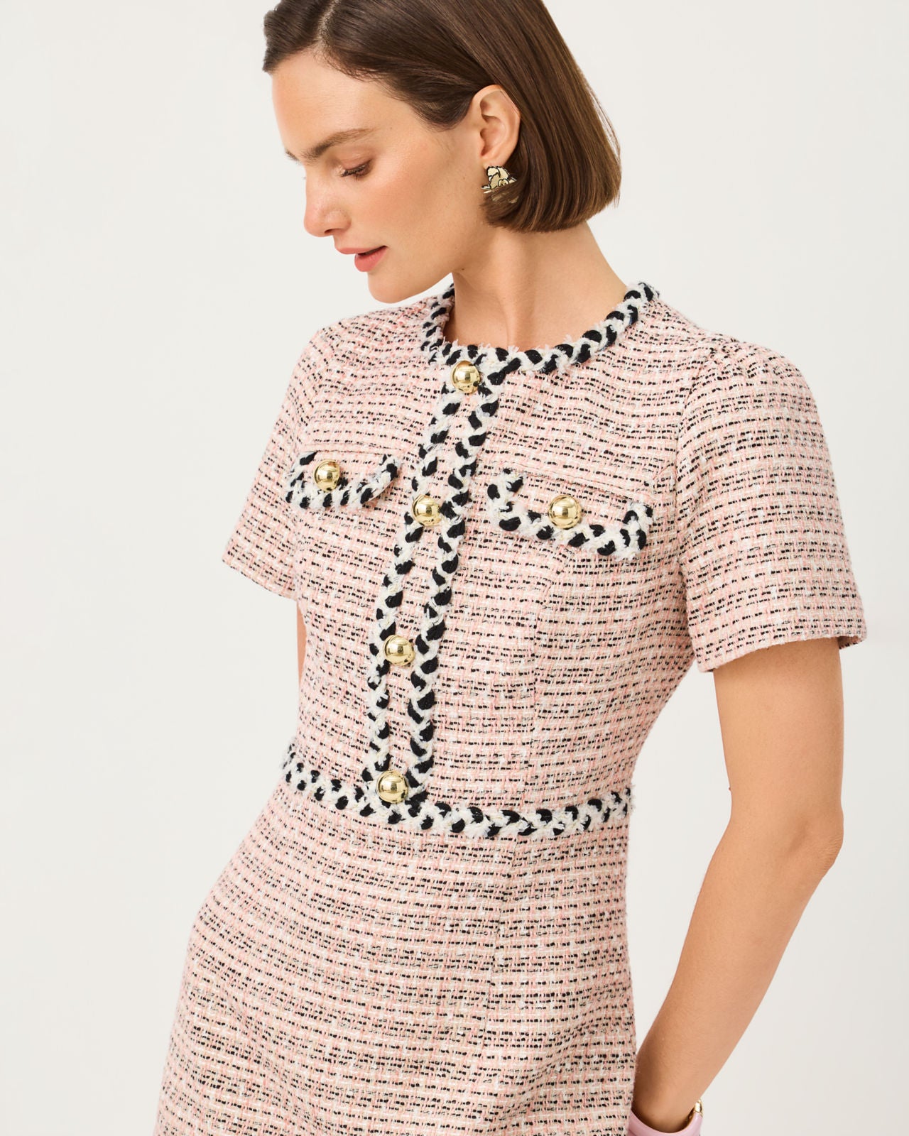 Bernette Short Sleeve Boucle Shift Dress In Ribbon Stripe Boucle