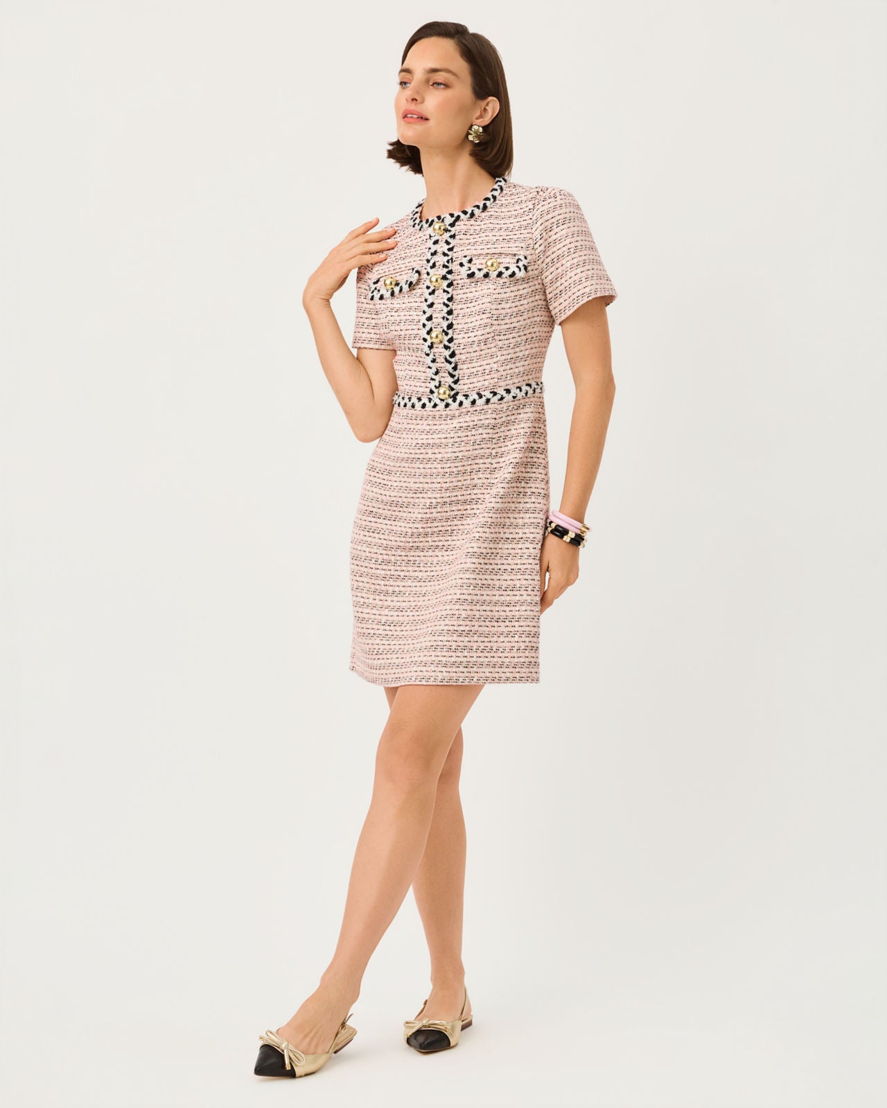 Bernette Short Sleeve Boucle Shift Dress In Ribbon Stripe Boucle