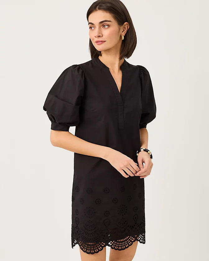 Mialeigh Elbow Sleeve Dress In Noir Scalloped Eyelet