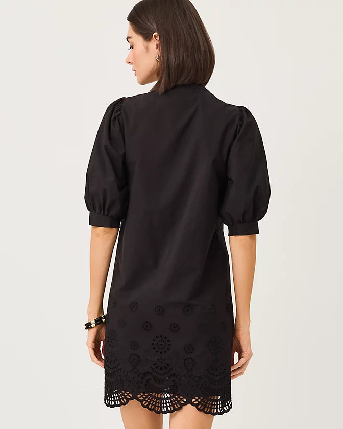Mialeigh Elbow Sleeve Dress In Noir Scalloped Eyelet