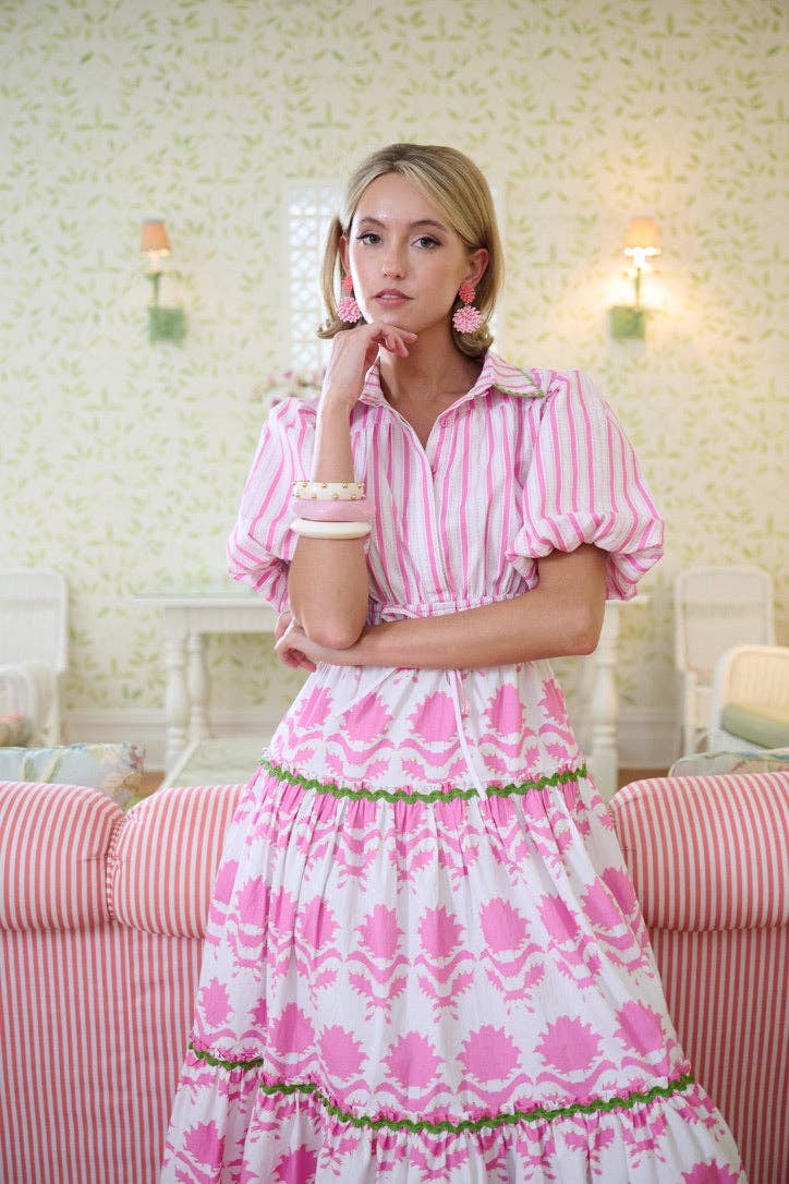 Banyan Puff Sleeve Dress in Pink Magnolia & Ticking Stripe