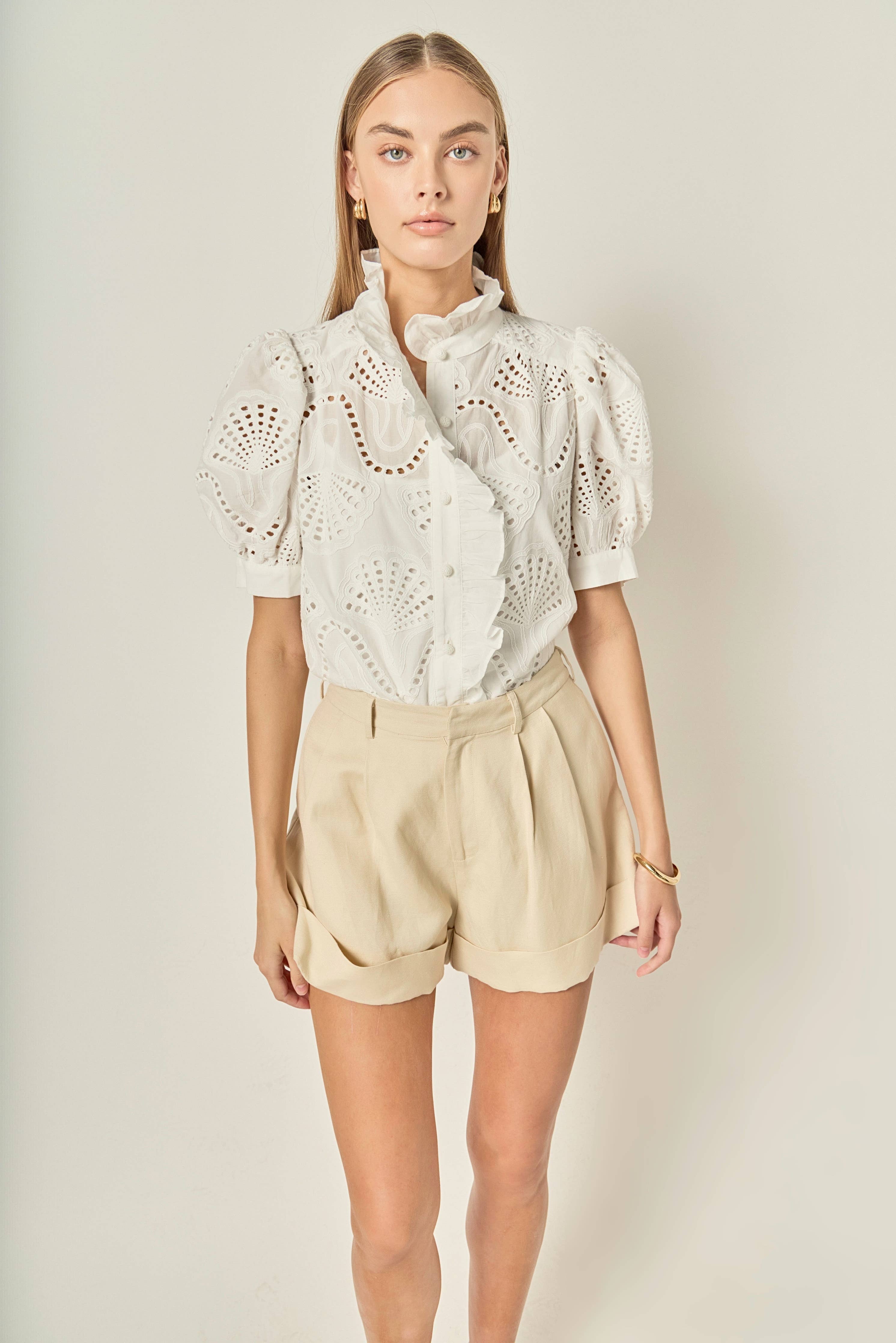 Embroidered Ruffle Short Sleeve Shirt
