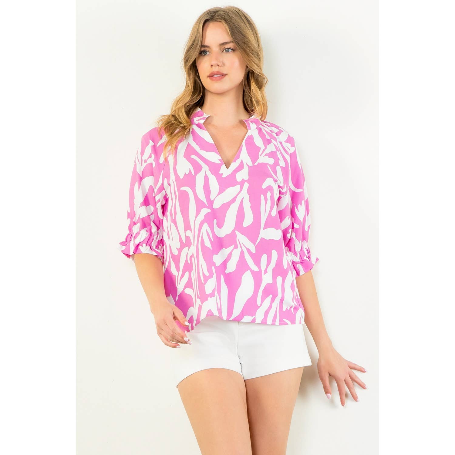 Spring Dream V-Neck Print Top in Pink