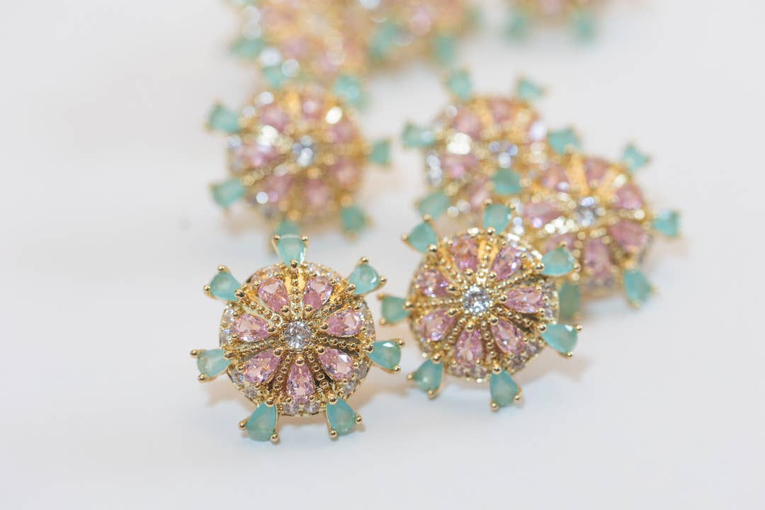 Sparkling Sand Dollar Stud Earrings in Pink and Turquoise