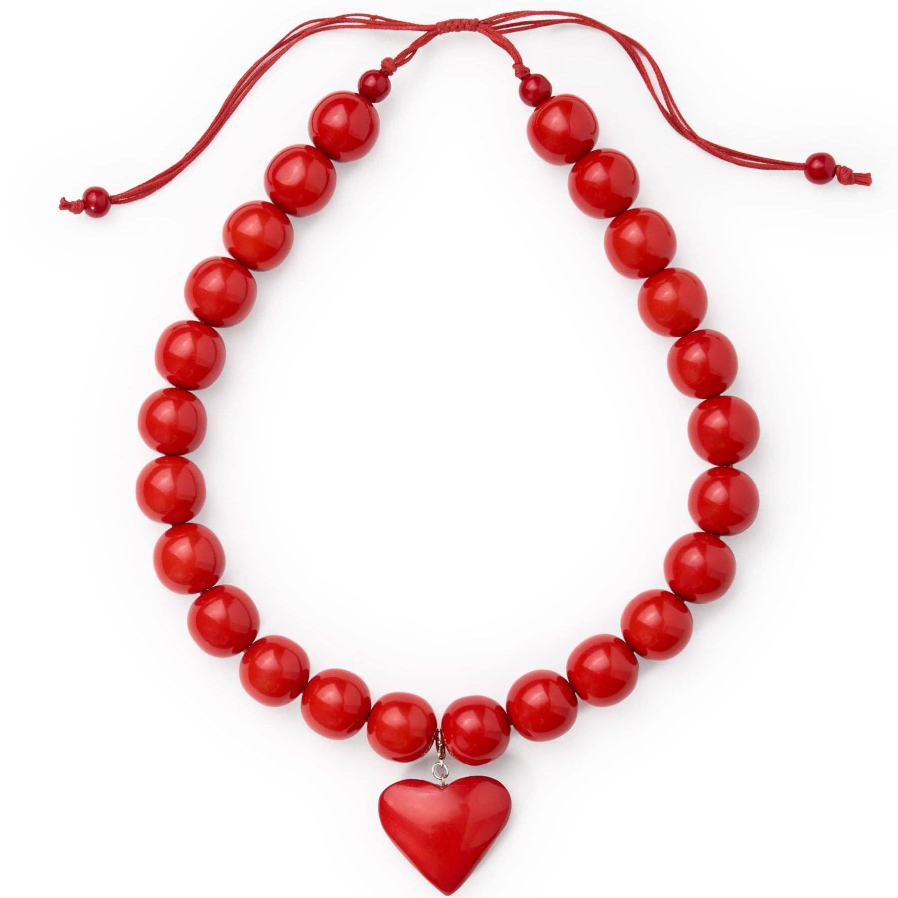Emery Large Round Resin Bead With Heart Adjustable Necklace in Red