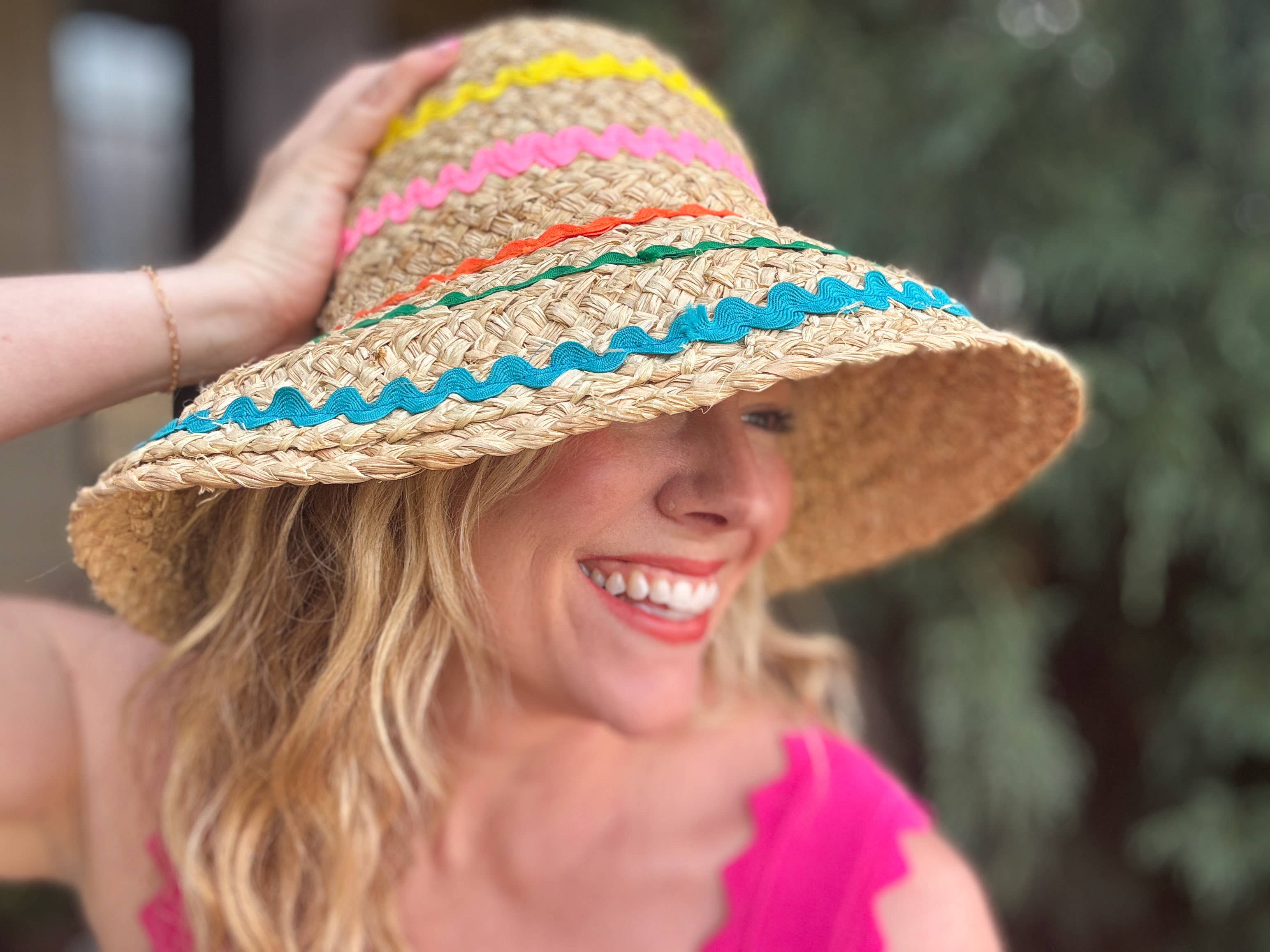 Raffia Bucket Hat - Colorful Ric Rac Ribbon Trim