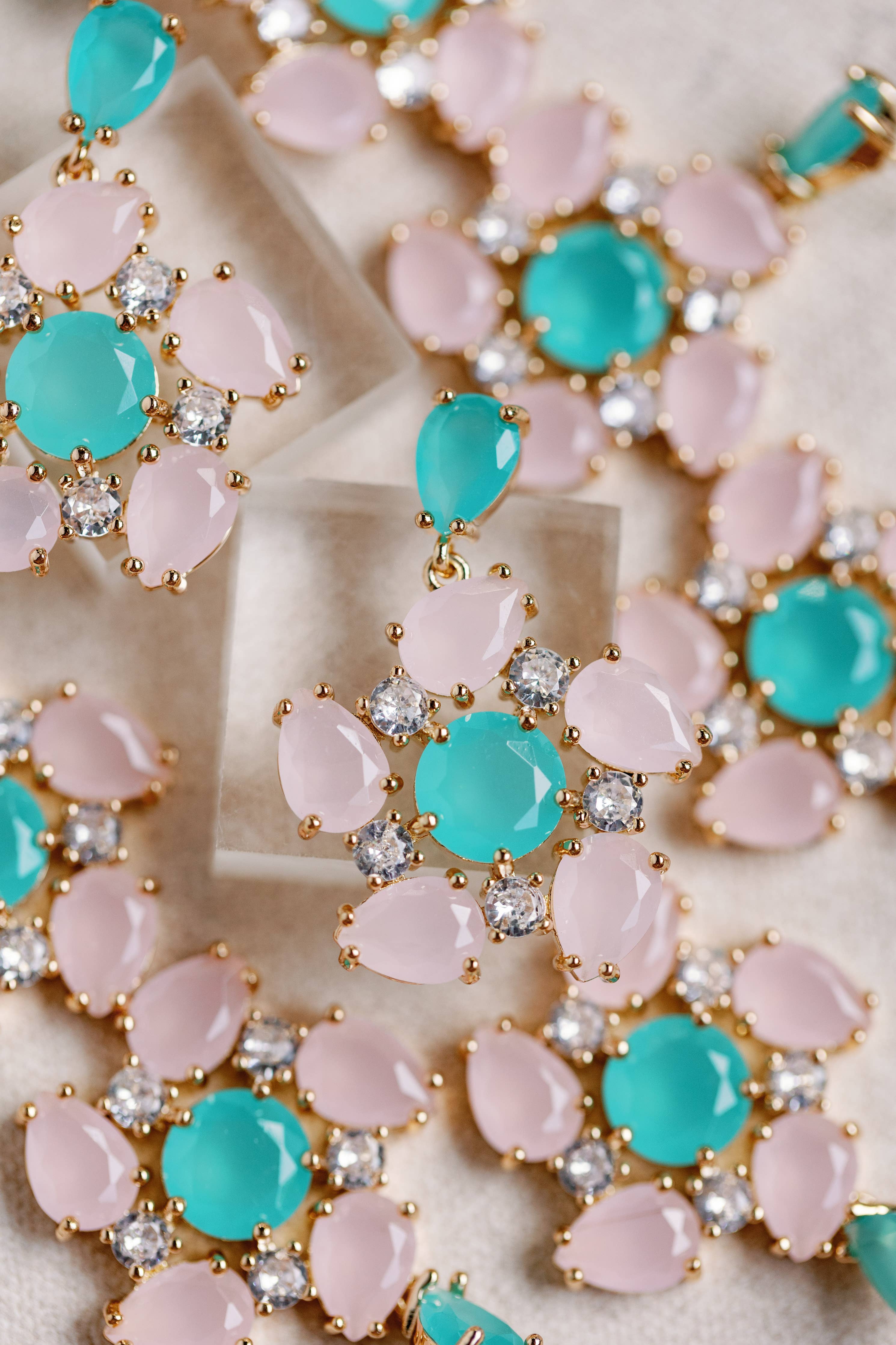 Pink and Turquoise Crystal Pinwheel Statement Earrings