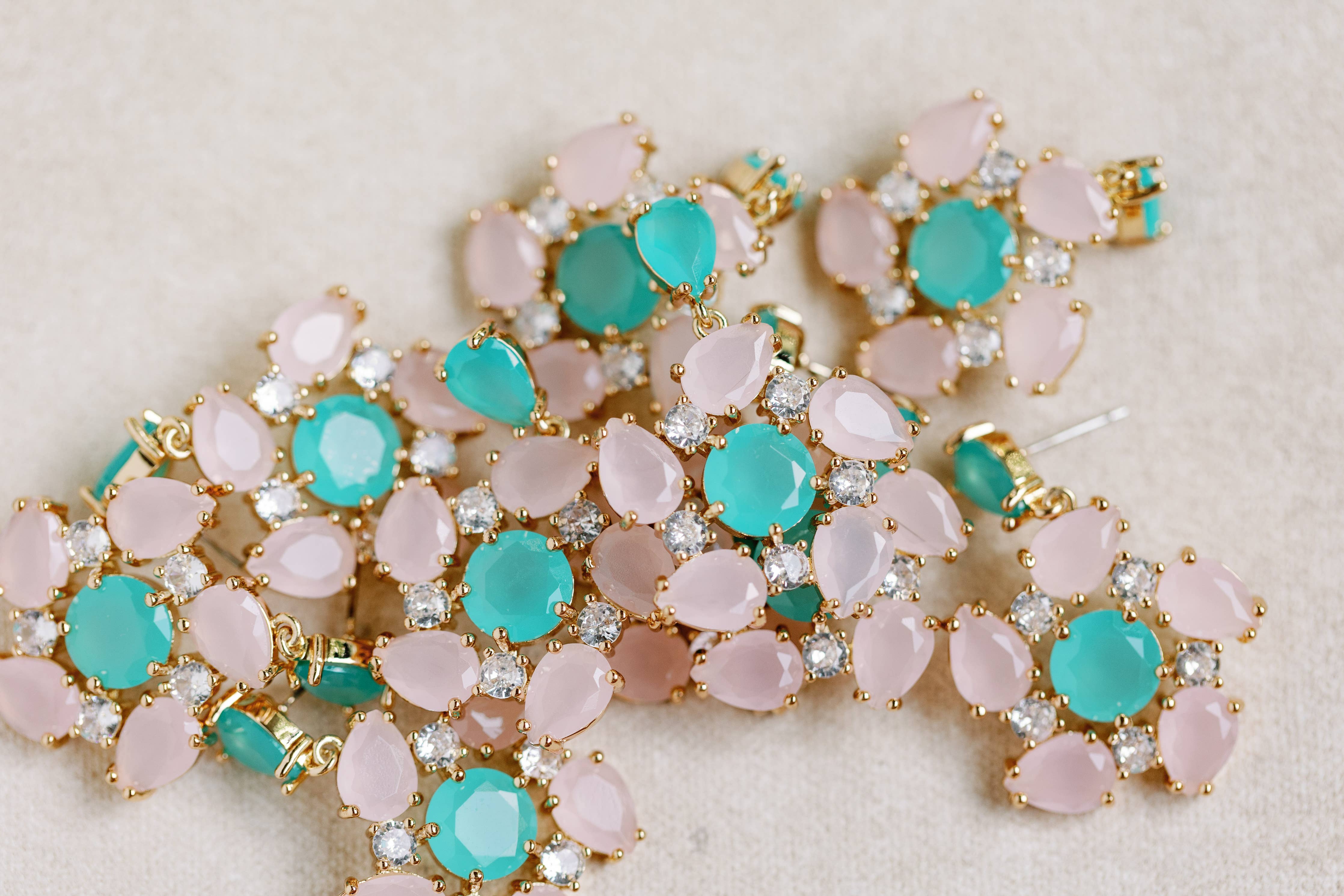Pink and Turquoise Crystal Pinwheel Statement Earrings