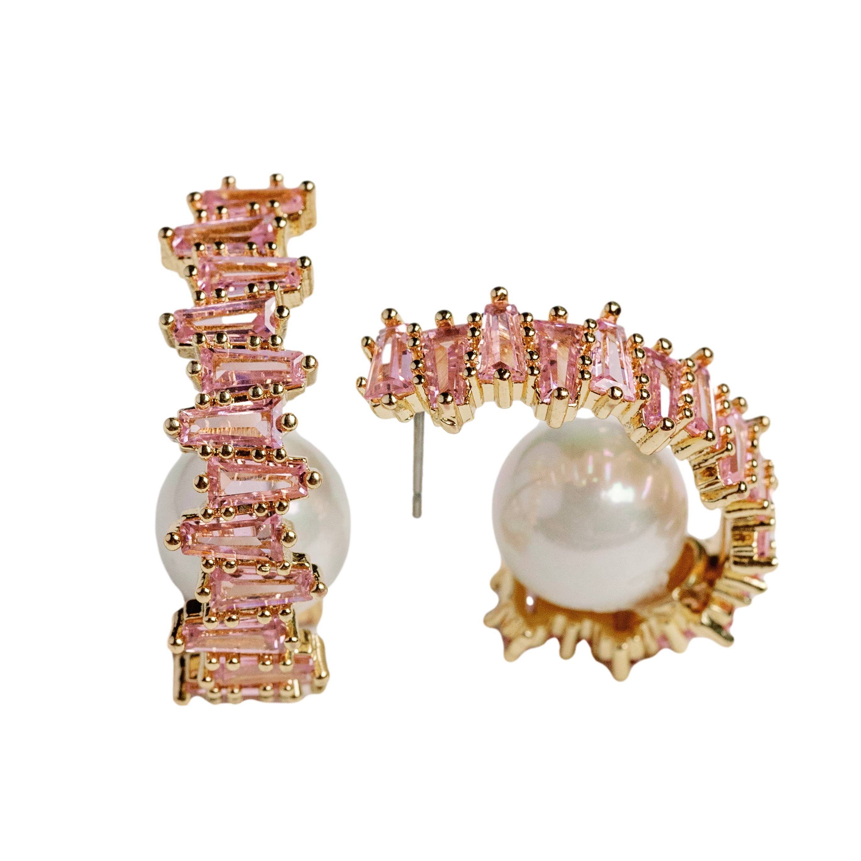 Pink Crystal and Pearl Statement Hoop Earrings