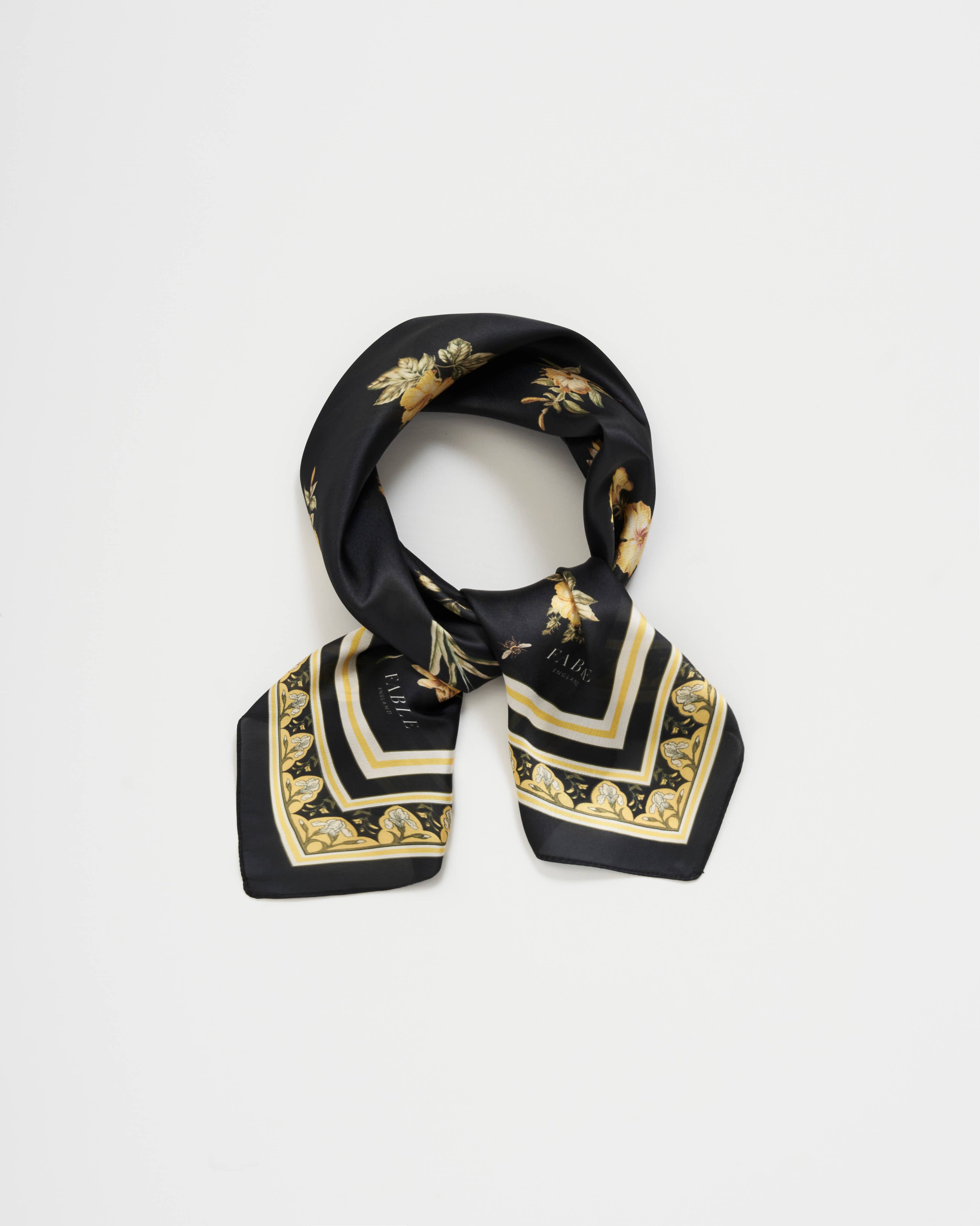 Black Nouveau Floral Small Square Scarf