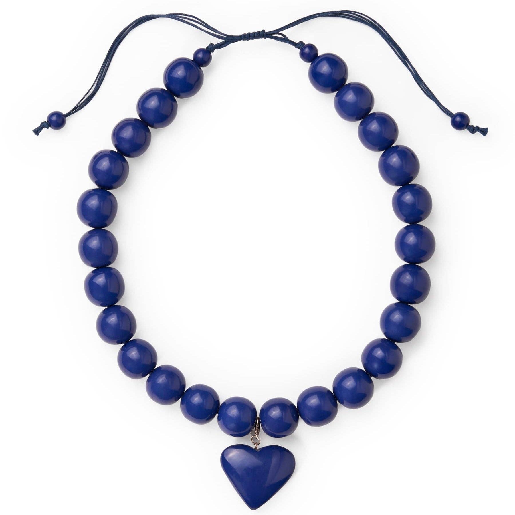 Emery Large Round Resin Bead With Heart Adjustable Necklace in Navy