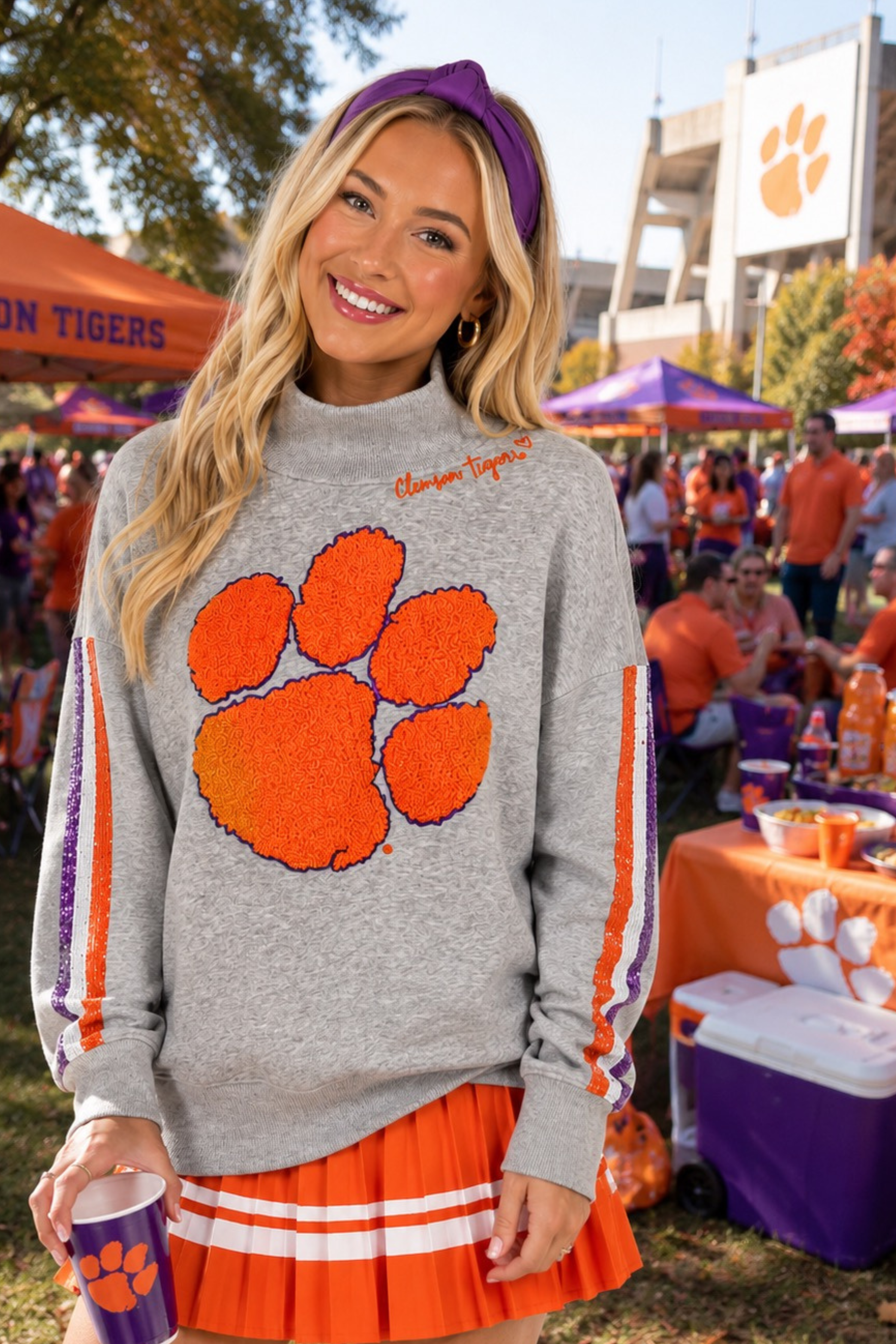 Clemson Mock Neck Sequin Stripe Sweatshirt