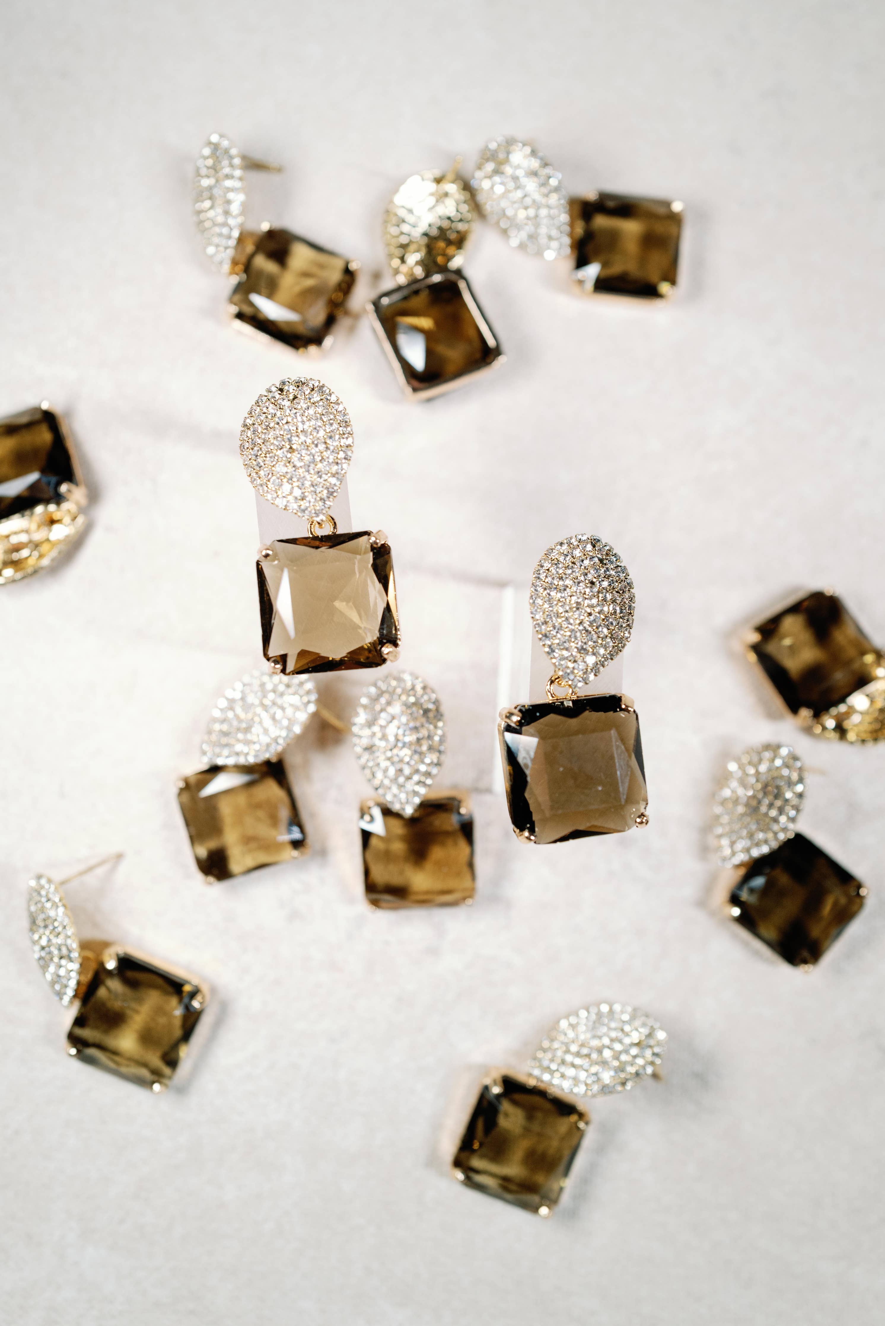 Smokey Brown Quartz Retro Pavé Crystal Gum Drop Earrings