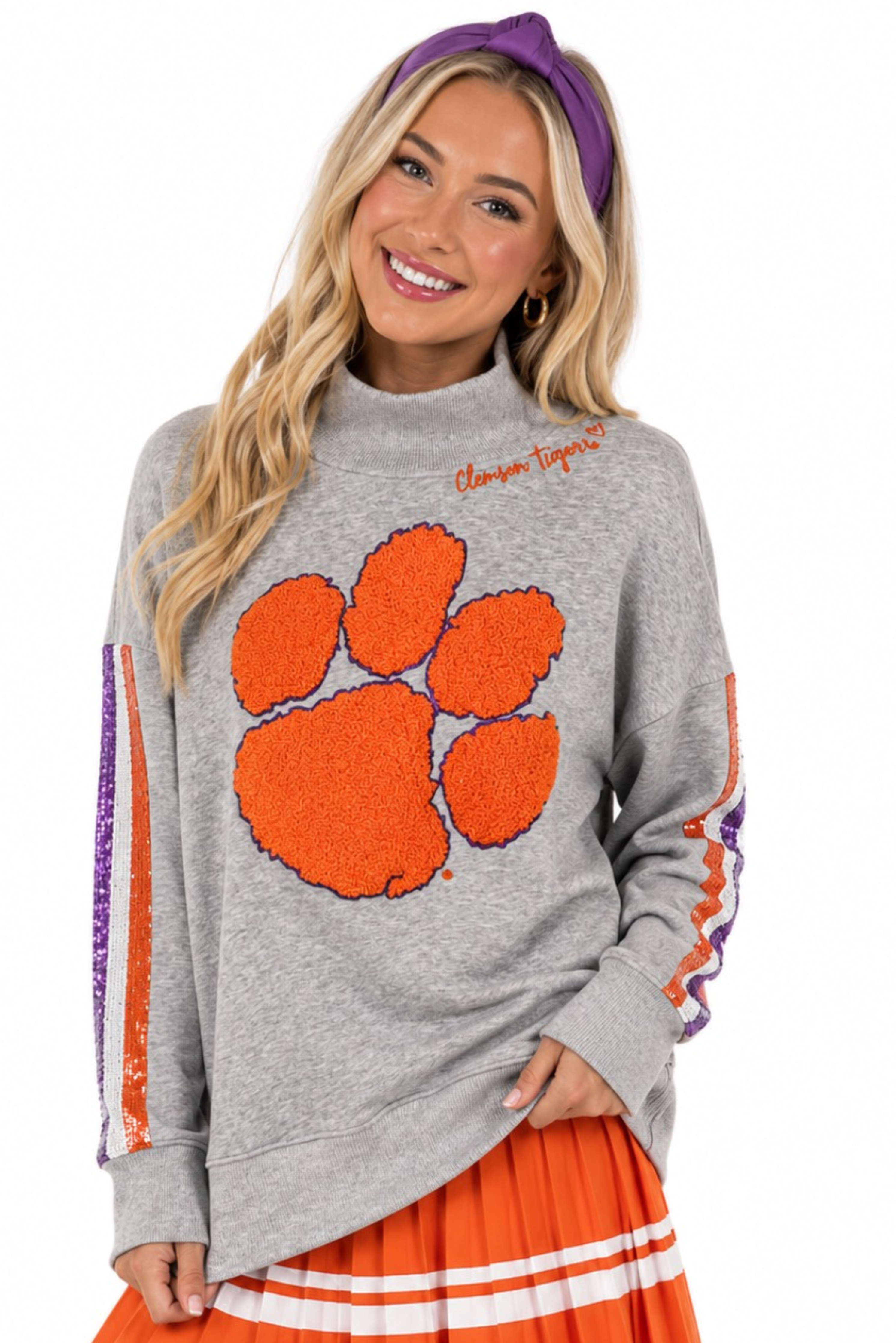 Clemson Mock Neck Sequin Stripe Sweatshirt