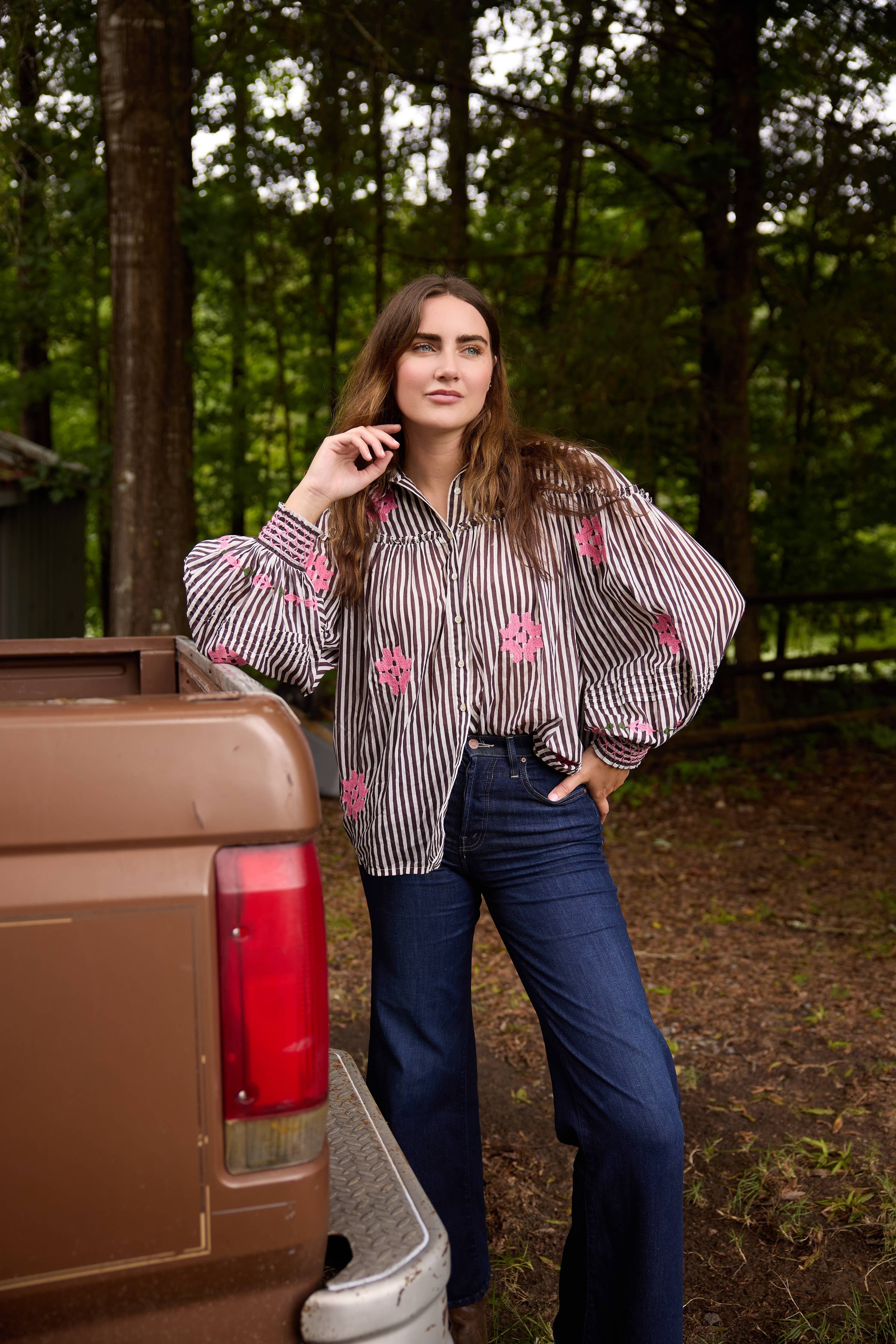 Frankie Blouse in Brown Stripe with Pink Embroidery