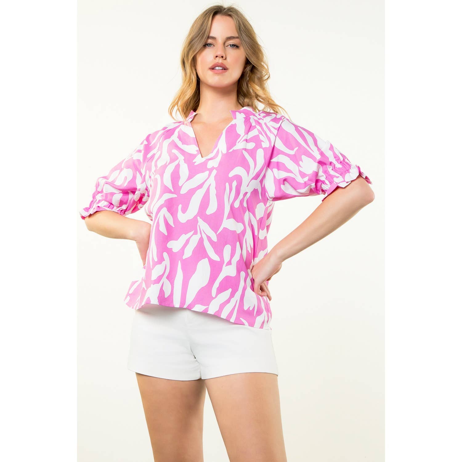 Spring Dream V-Neck Print Top in Pink