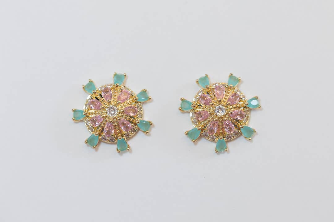 Sparkling Sand Dollar Stud Earrings in Pink and Turquoise