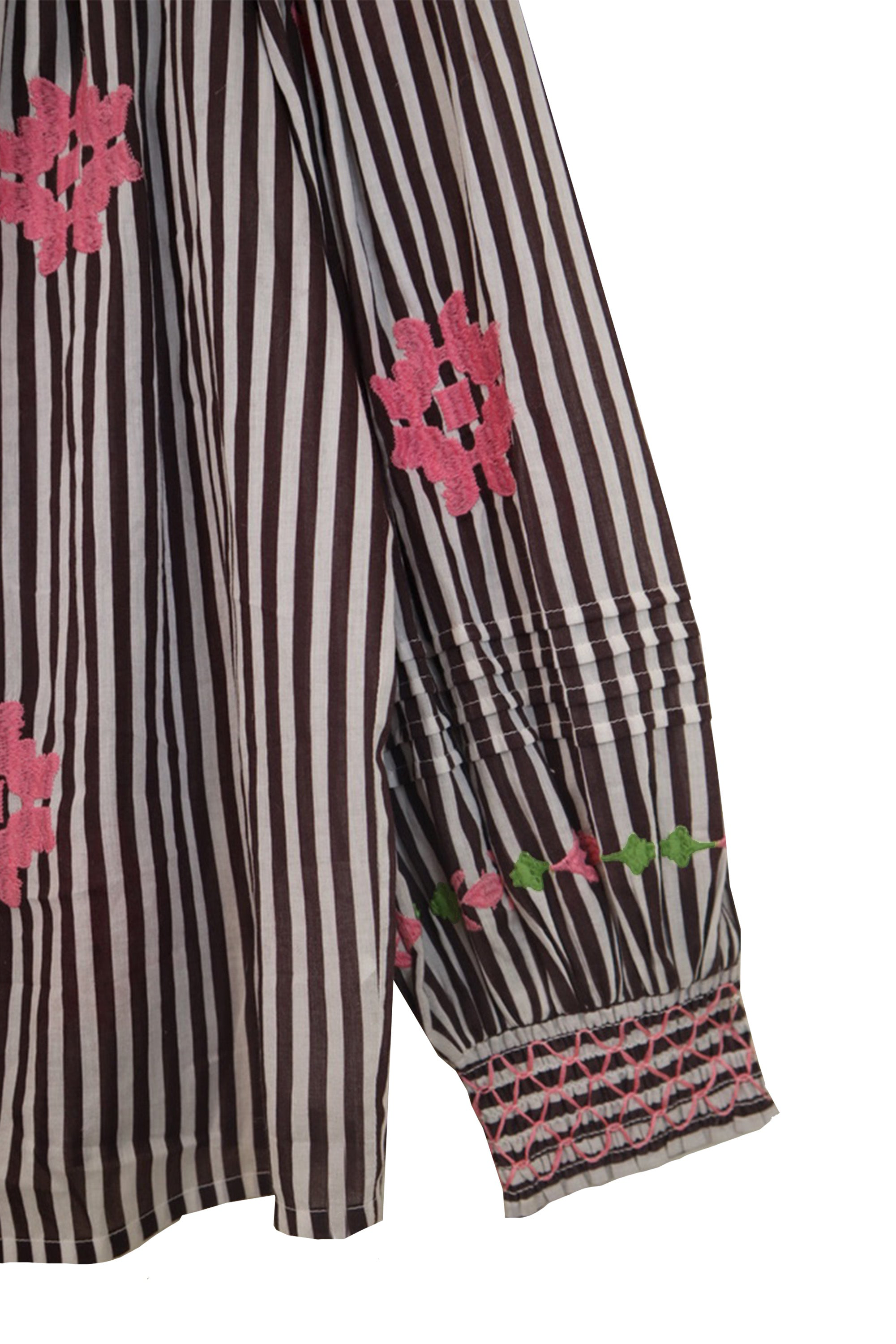 Frankie Blouse in Brown Stripe with Pink Embroidery