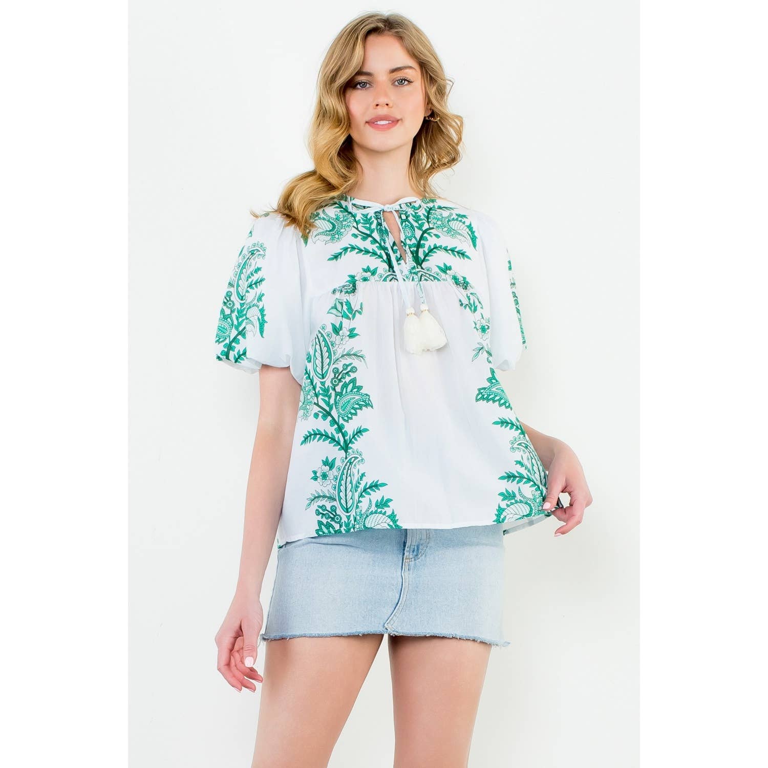 Tassel Tie Puff Sleeve Print Top in Green