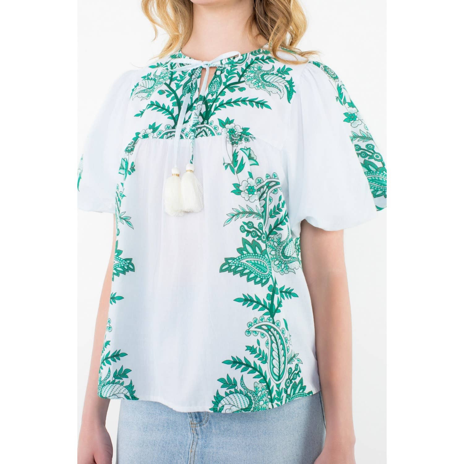 Tassel Tie Puff Sleeve Print Top in Green