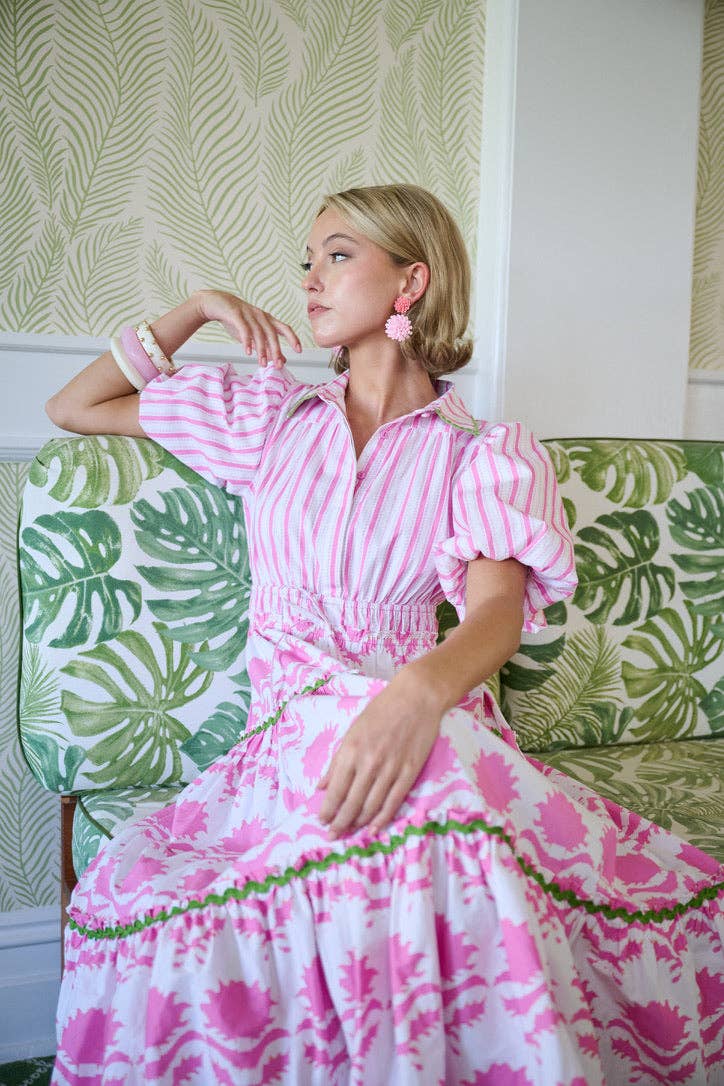 Banyan Puff Sleeve Dress in Pink Magnolia & Ticking Stripe