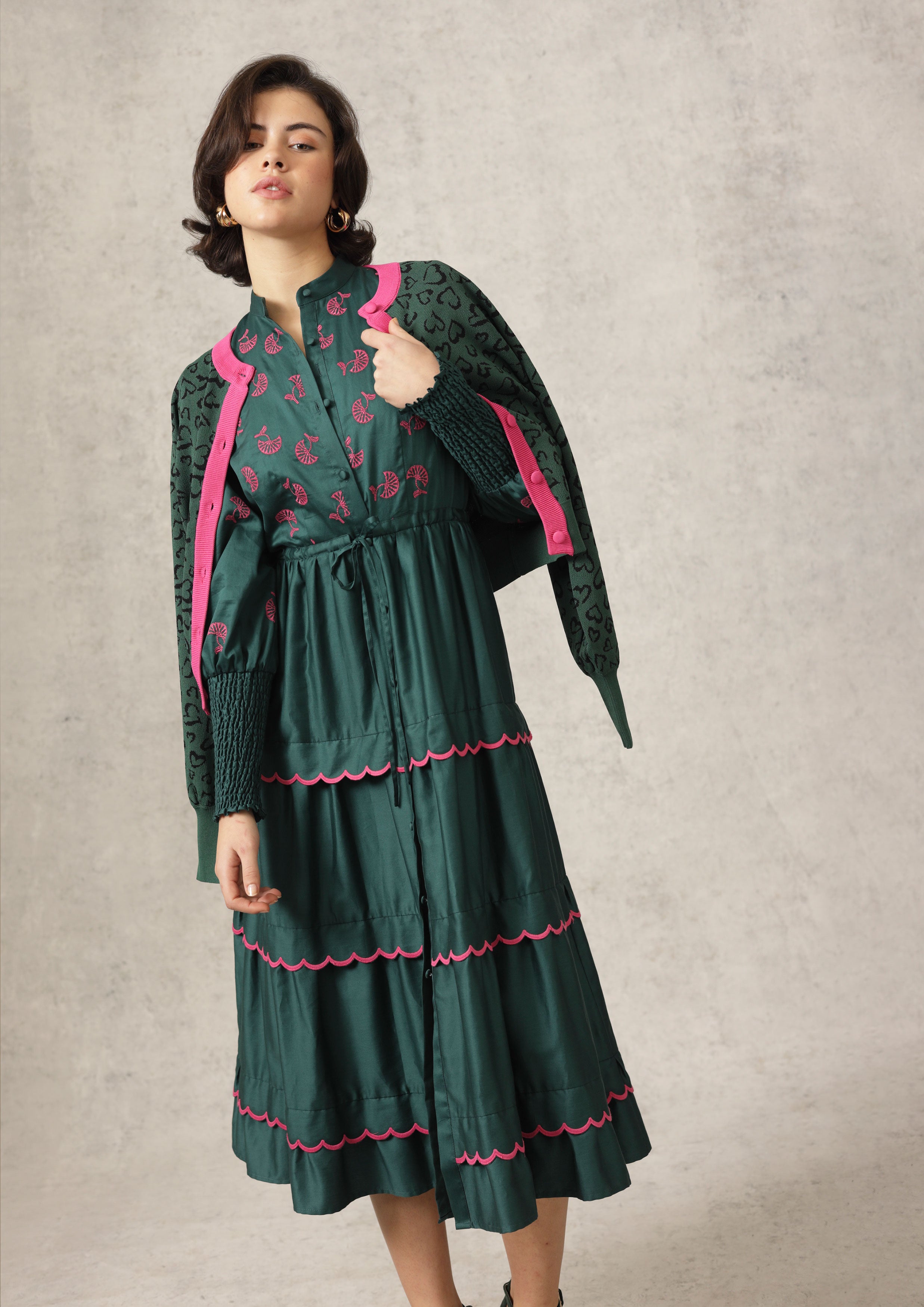 Sherry Jacquard Cardigan in Dark Moss