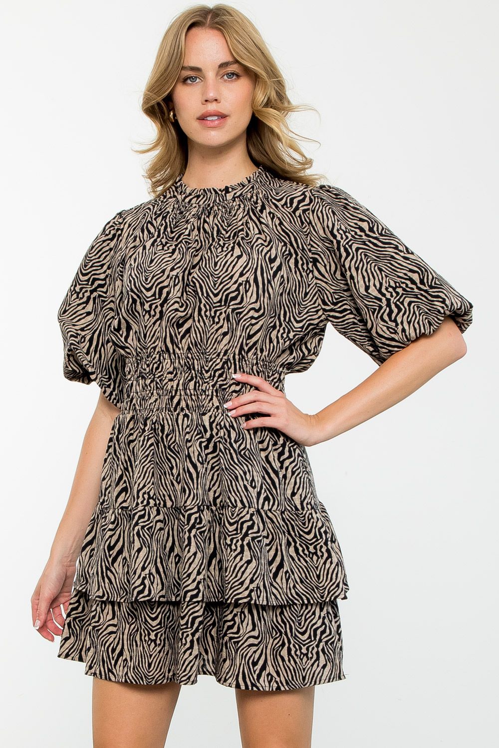 Eliza Zebra Print Puff Sleeve Dress