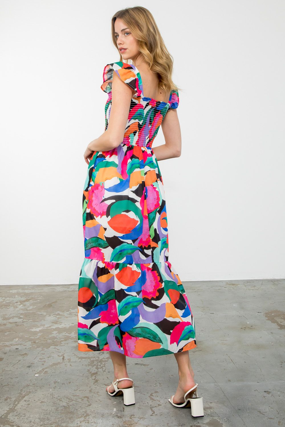 Gallette Smocked Print Maxi Dress