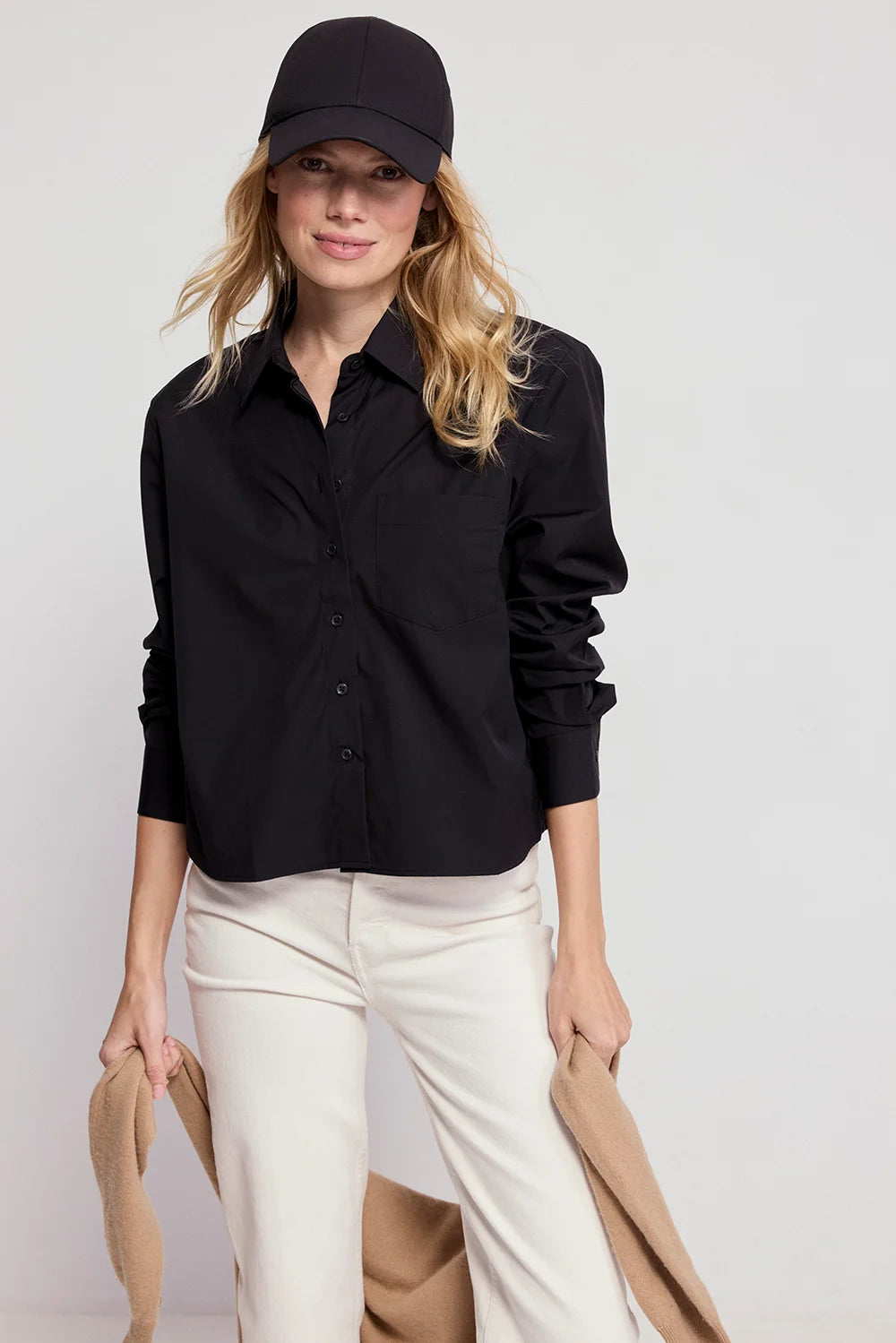Long Sleeve Boxy Cropped Top in Black