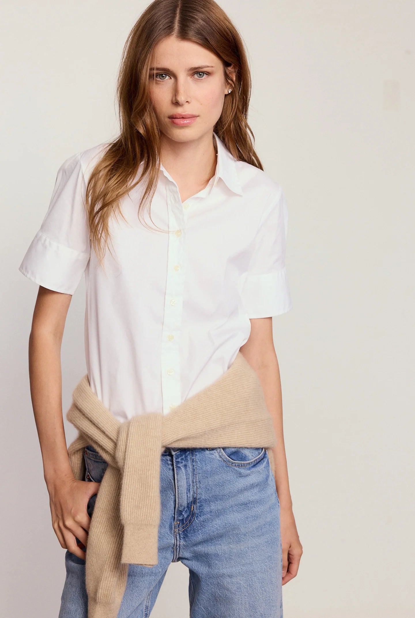 Short Sleeve Button Up Top in White