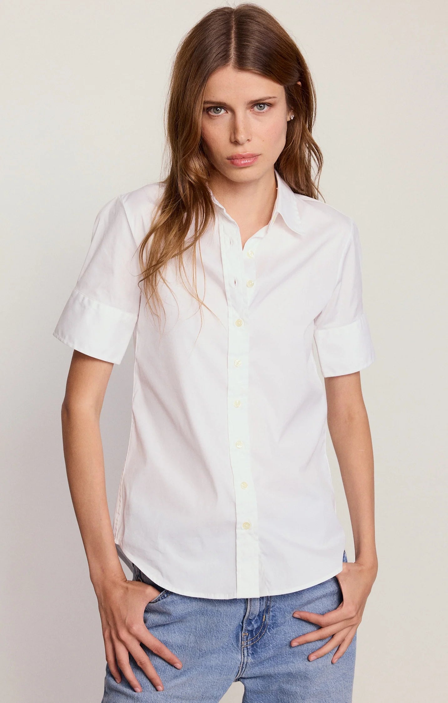 Short Sleeve Button Up Top in White