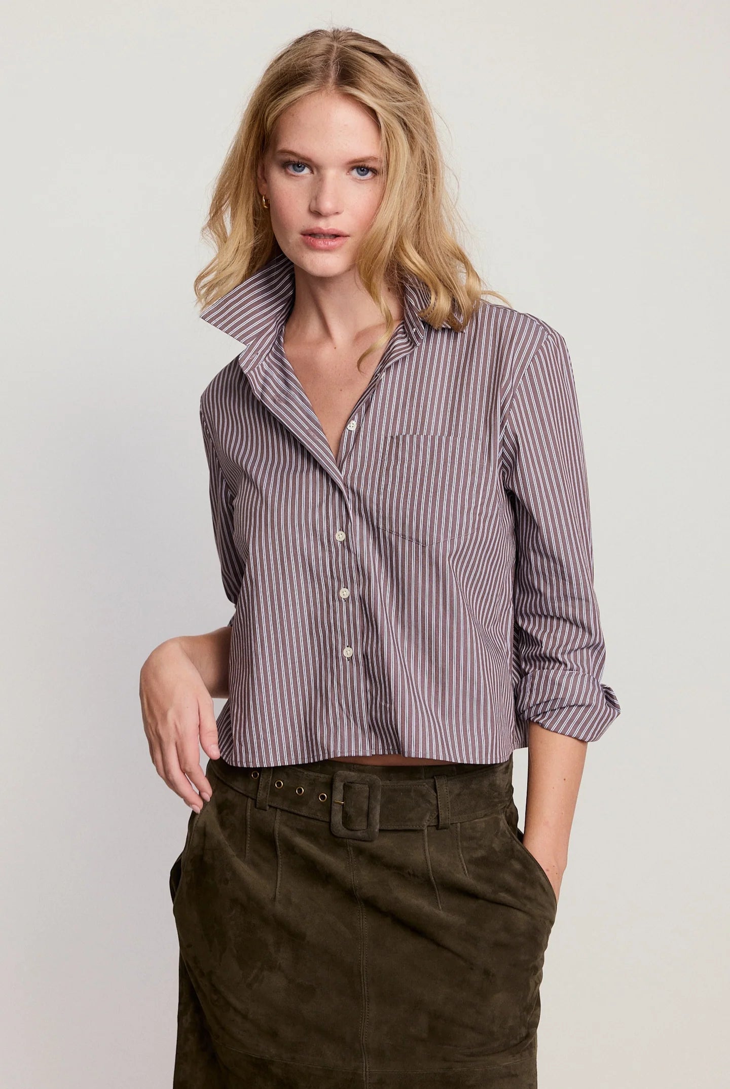 Long Sleeve Boxy Cropped Top in Brown Stripe